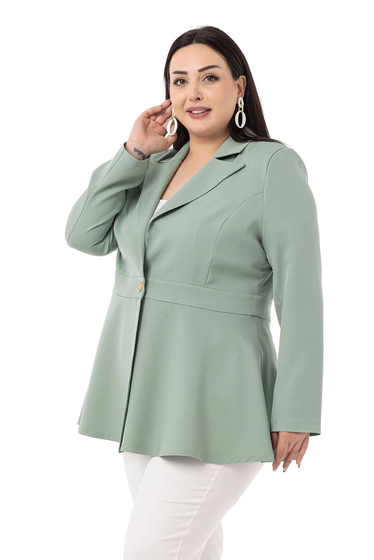Plus Size Single Buttoned Waist Tape Detailed Flared Unlined Mint Jacket