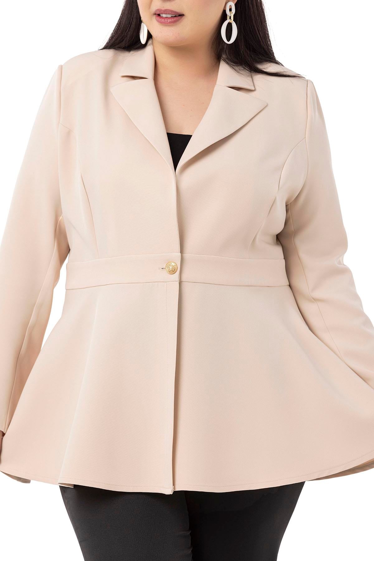 Plus Size Single Buttoned Waist Tape Detailed Flared Unlined Offwhite Jacket