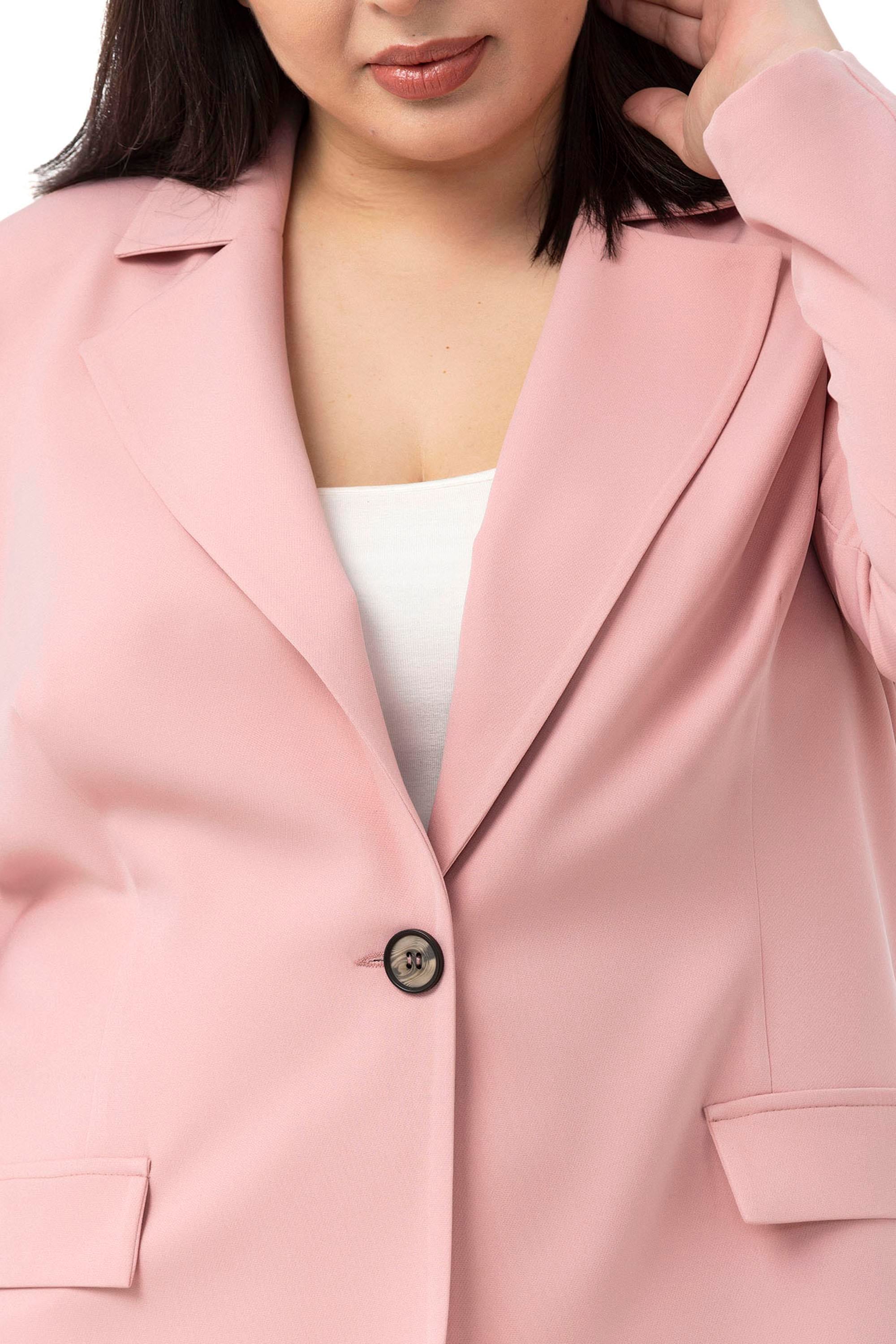 Büyük Beden Tek Düğmeli Süs Cep Kapaklı Vatkalı Astarsız Pembe Ceket