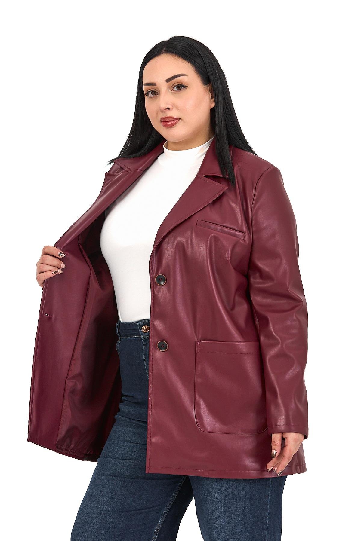 Büyük Beden Torba Cepli Düğmeli Astarlı Bordo Suni Deri Ceket
