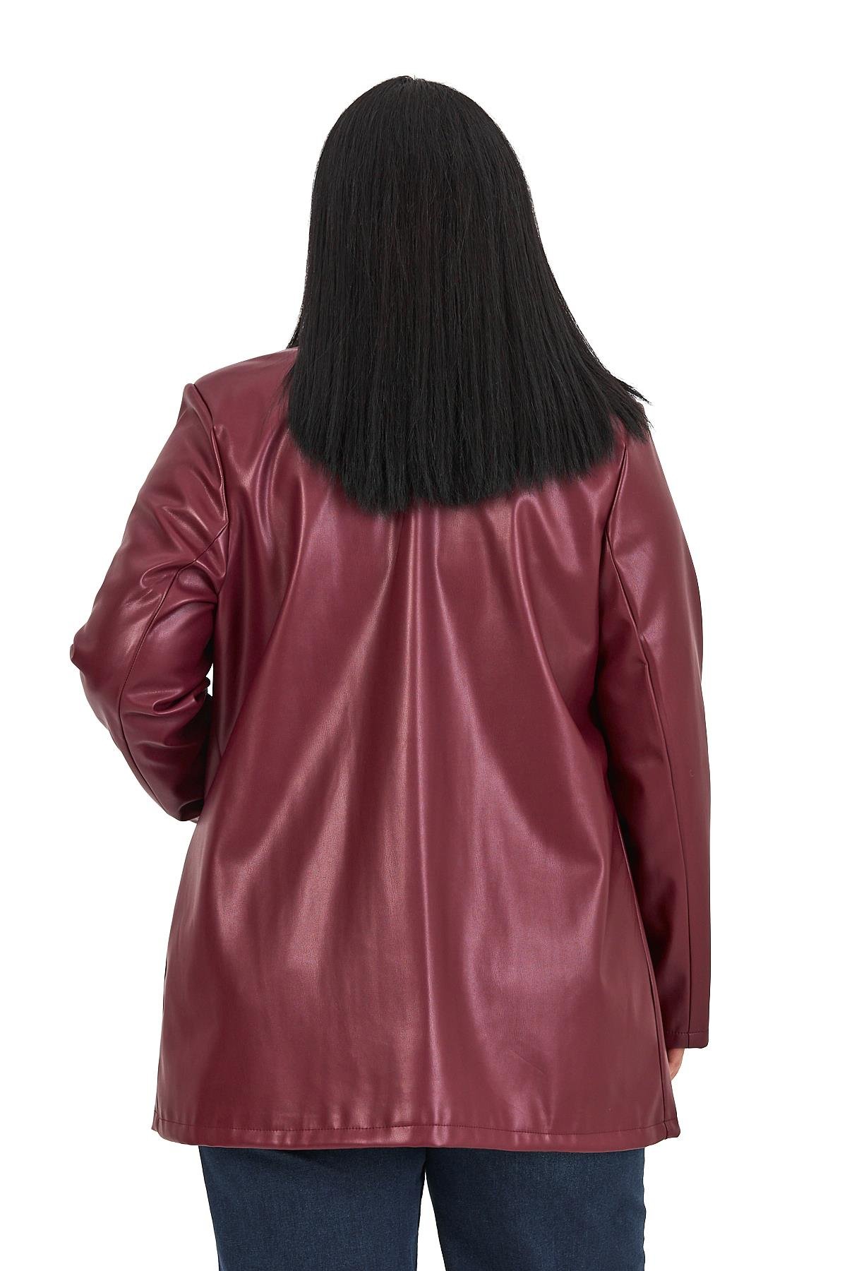 Büyük Beden Torba Cepli Düğmeli Astarlı Bordo Suni Deri Ceket