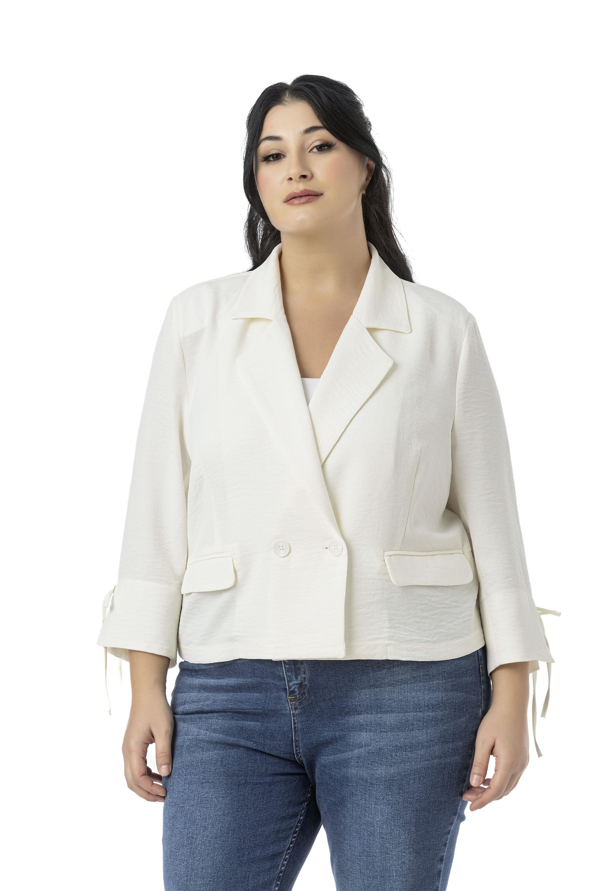 Büyük Beden Truvakar Kol Süs Cepli Vatkalı Astarsız Kısa Beyaz Ceket