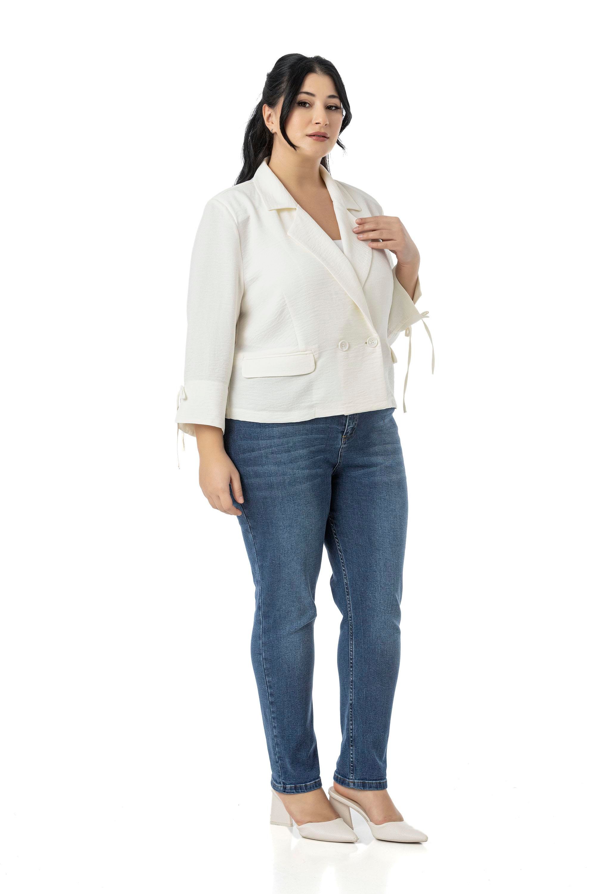 Büyük Beden Truvakar Kol Süs Cepli Vatkalı Astarsız Kısa Beyaz Ceket