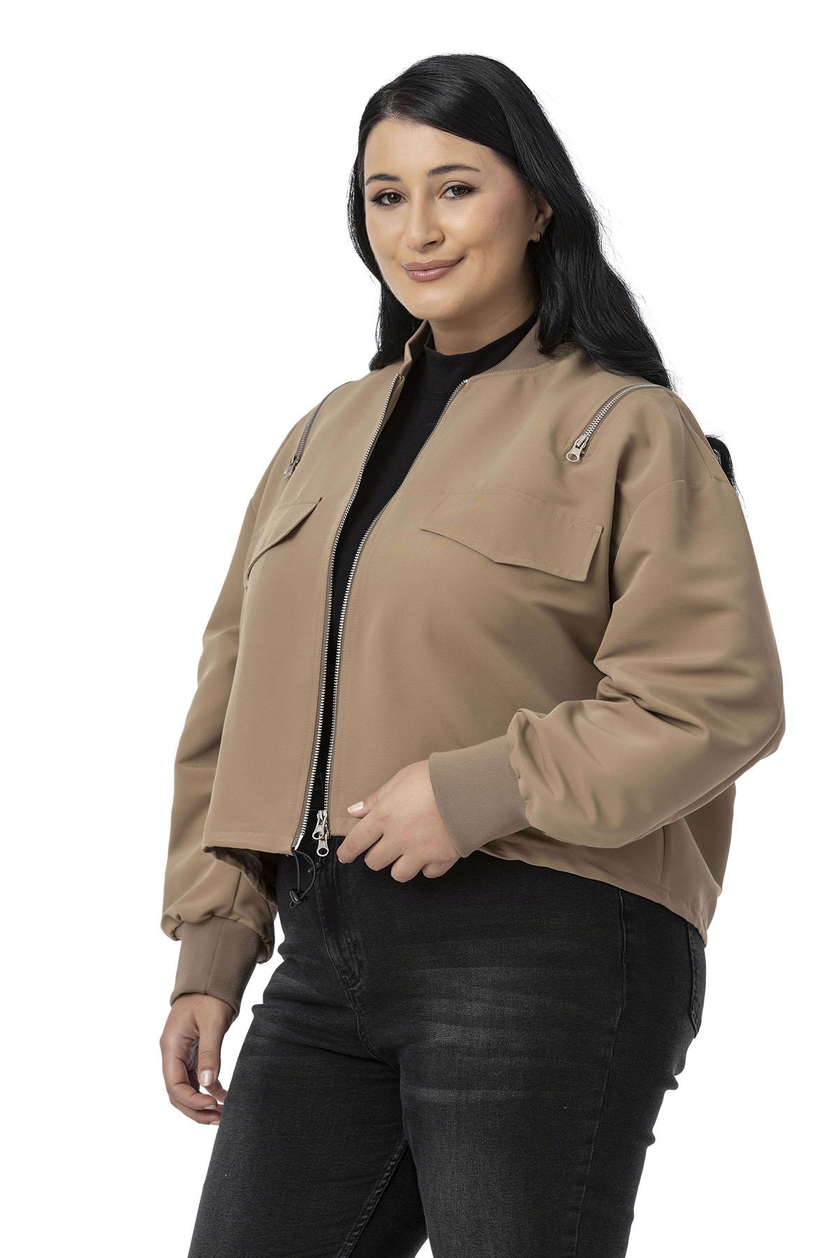 Büyük Beden Yakası ve Kol Ağzı Ribanalı Fermuar Detaylı Vizon Bomber Ceket