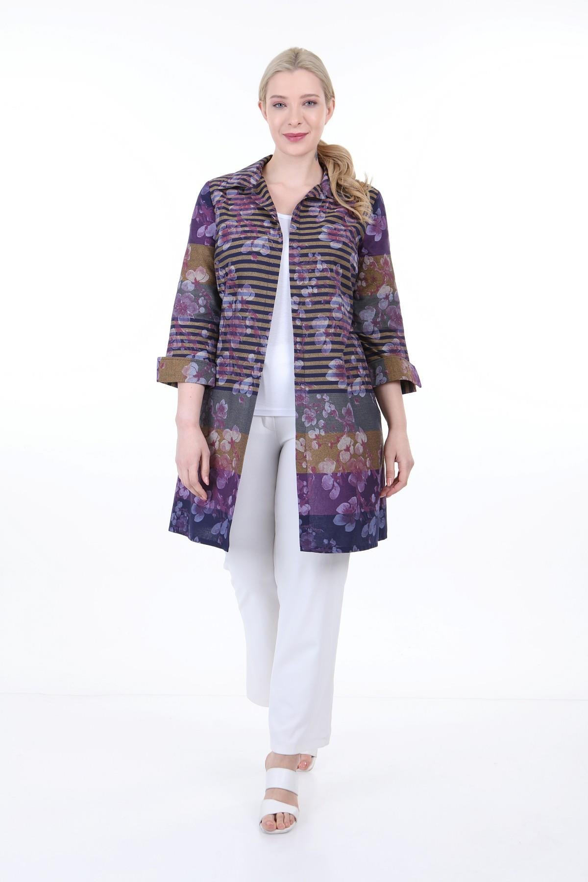 Shirt Collar Self Patterned Buttonless Purple Shirt Jacket
