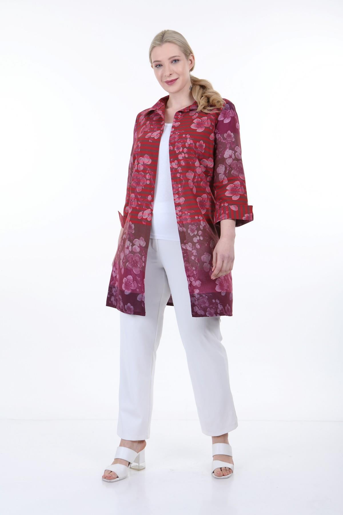 Shirt Collar Self Patterned Buttonless Red Shirt Jacket