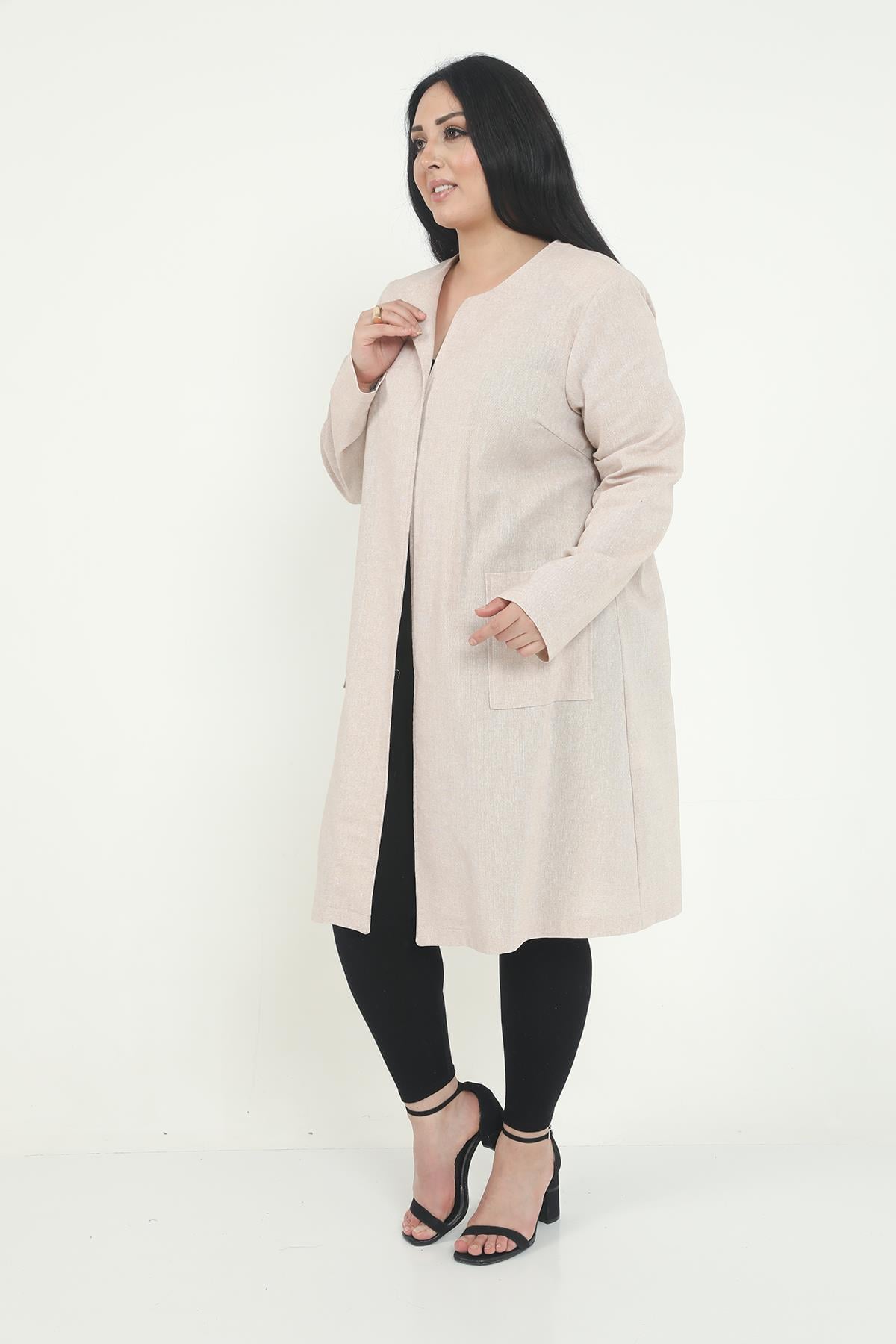 Round Neck Unlined Beige Jacket with Pockets
