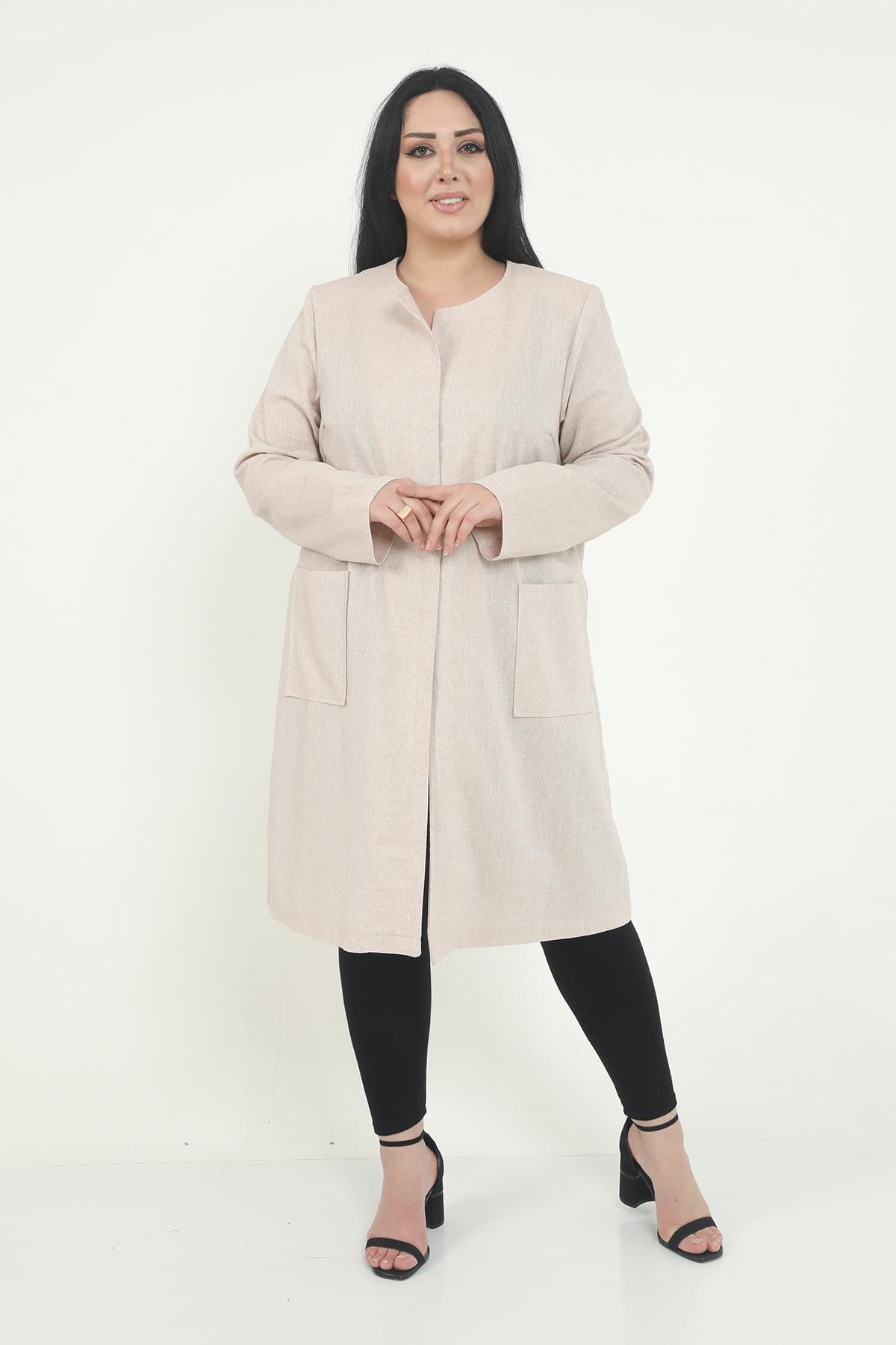 Round Neck Unlined Beige Jacket with Pockets
