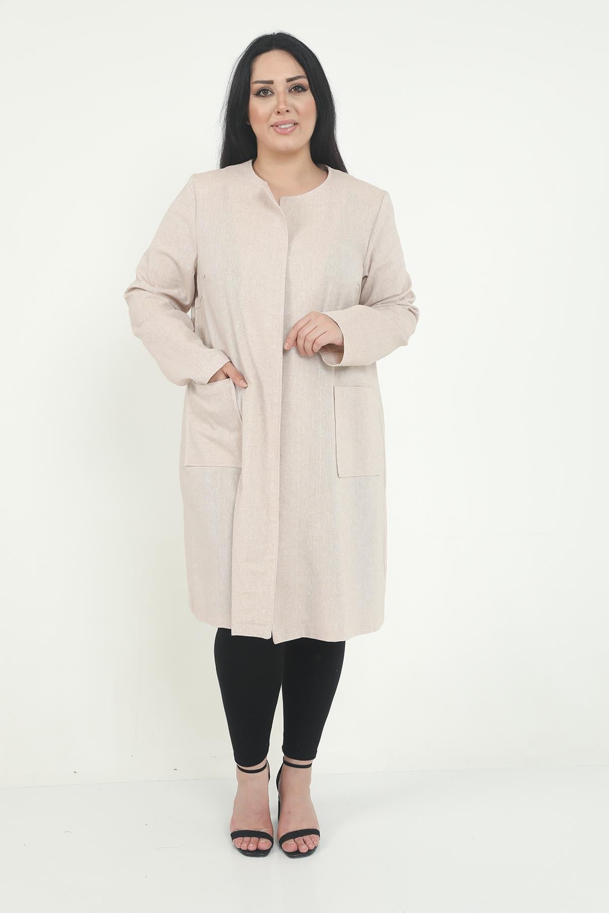 Round Neck Unlined Beige Jacket with Pockets