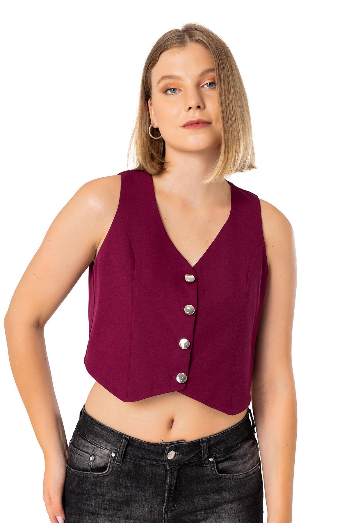 Düğmeli V Yaka Astarlı Kısa Bordo Kadın Yelek