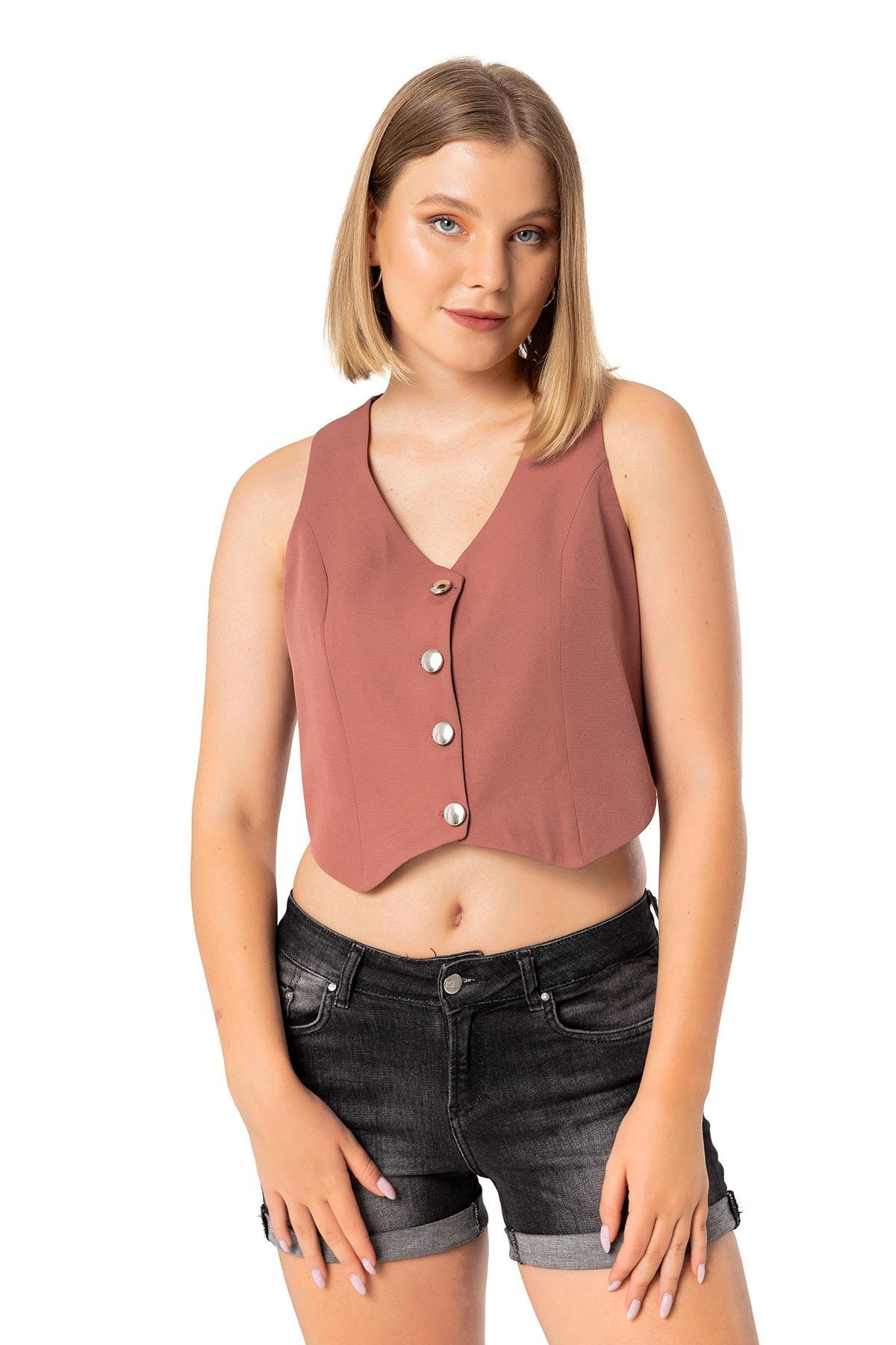 Düğmeli V Yaka Astarlı Kısa Pudra Kadın Yelek