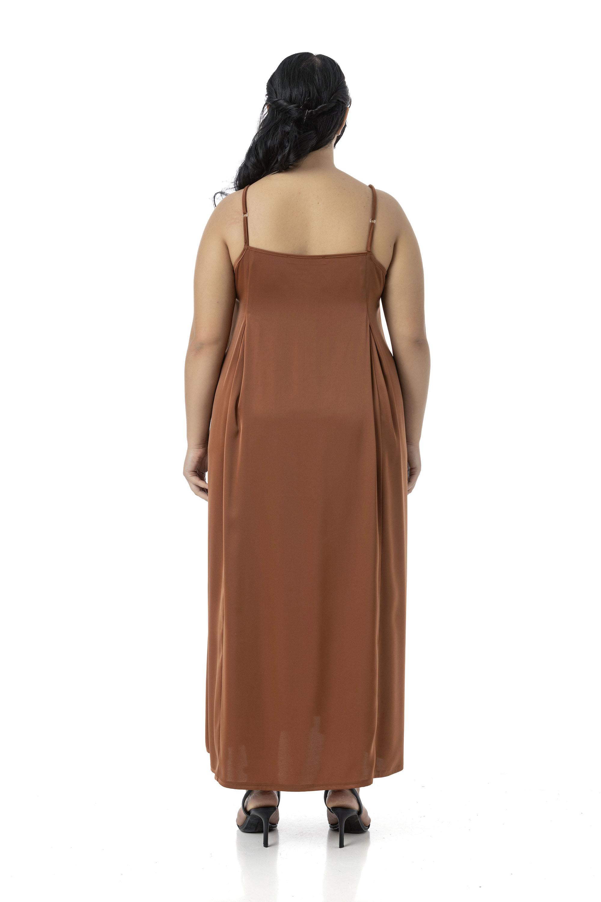 Plus Size Adjustable Thin Straps Deep Pleat Detailed Slit Satin Long Cinnamon Dress