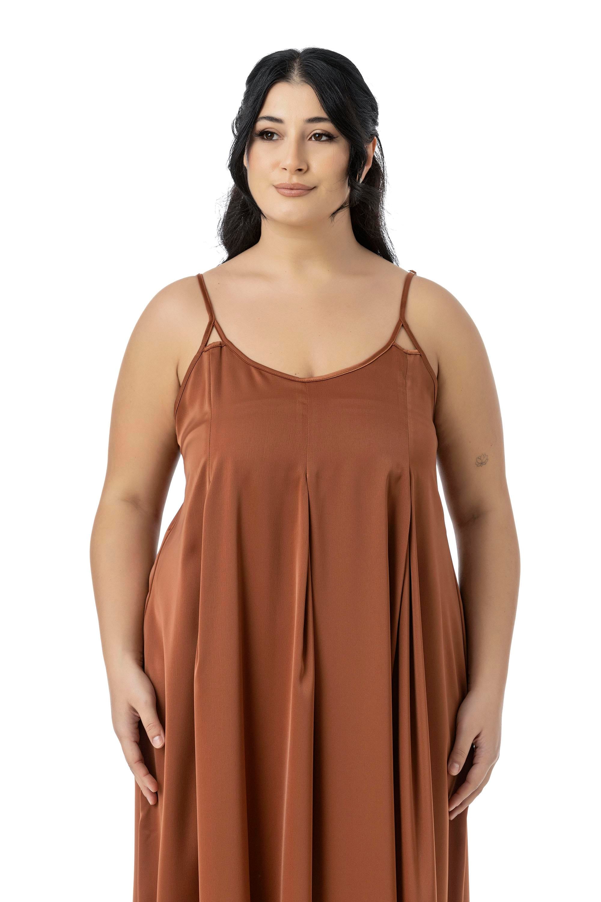 Plus Size Adjustable Thin Straps Deep Pleat Detailed Slit Satin Long Cinnamon Dress