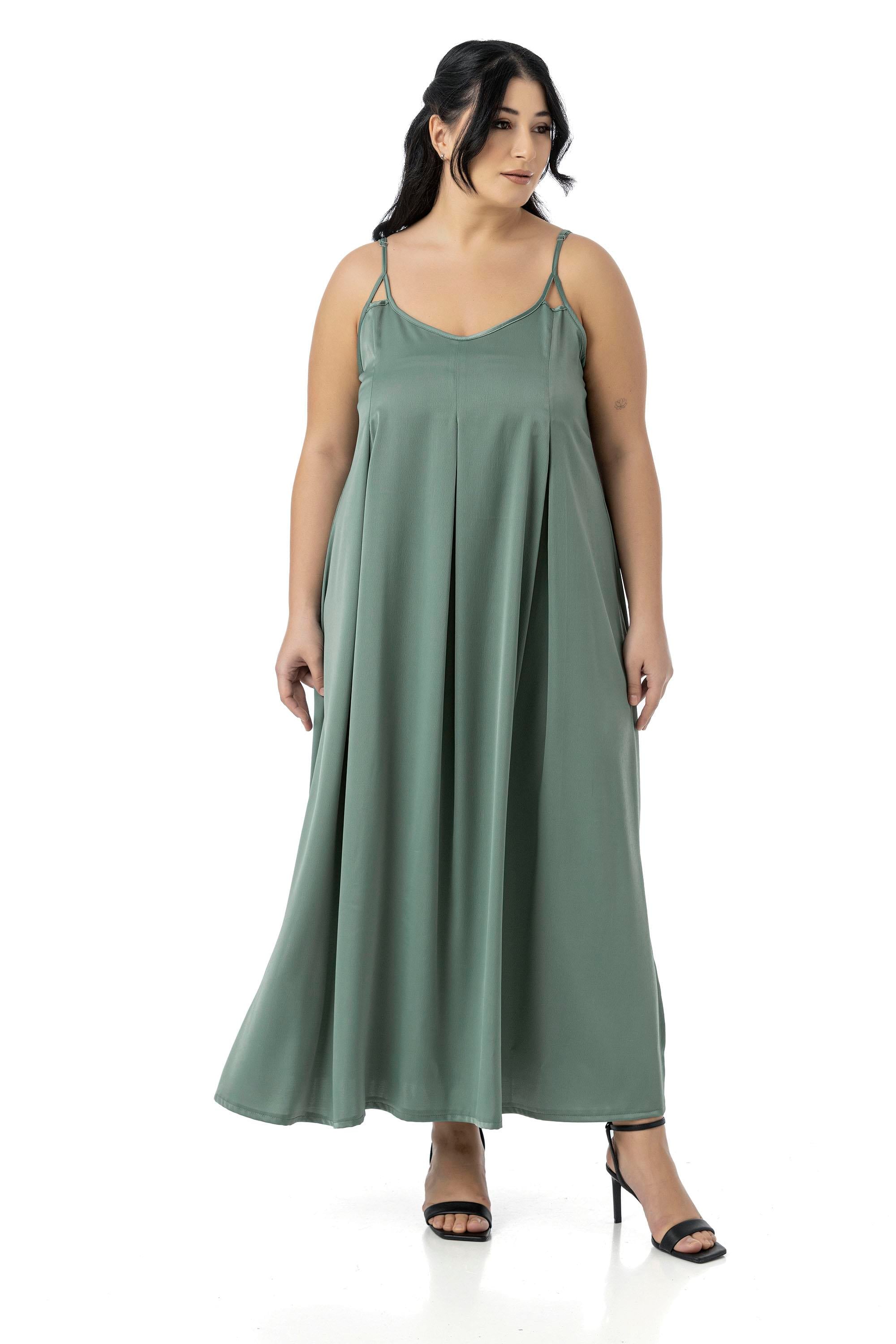 Plus Size Adjustable Thin Straps Deep Pleat Detailed Slit Satin Long Mint Dress