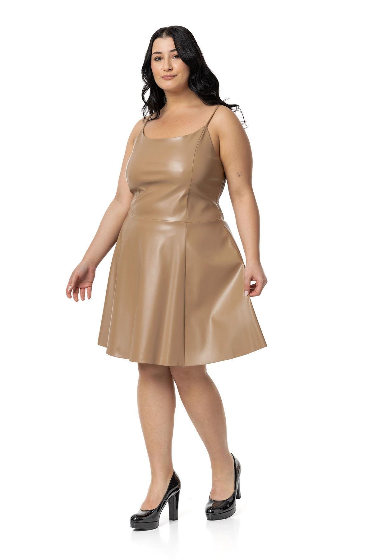 Büyük Beden Ayarlanabilir İnce Askılı Sırtı Lastikli Deri Mini Vizon Elbise