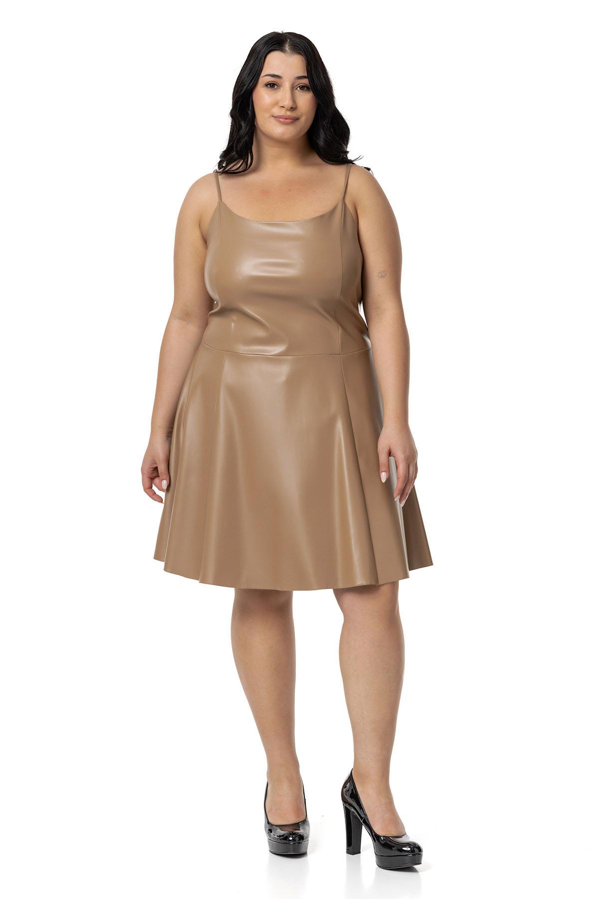 Büyük Beden Ayarlanabilir İnce Askılı Sırtı Lastikli Deri Mini Vizon Elbise