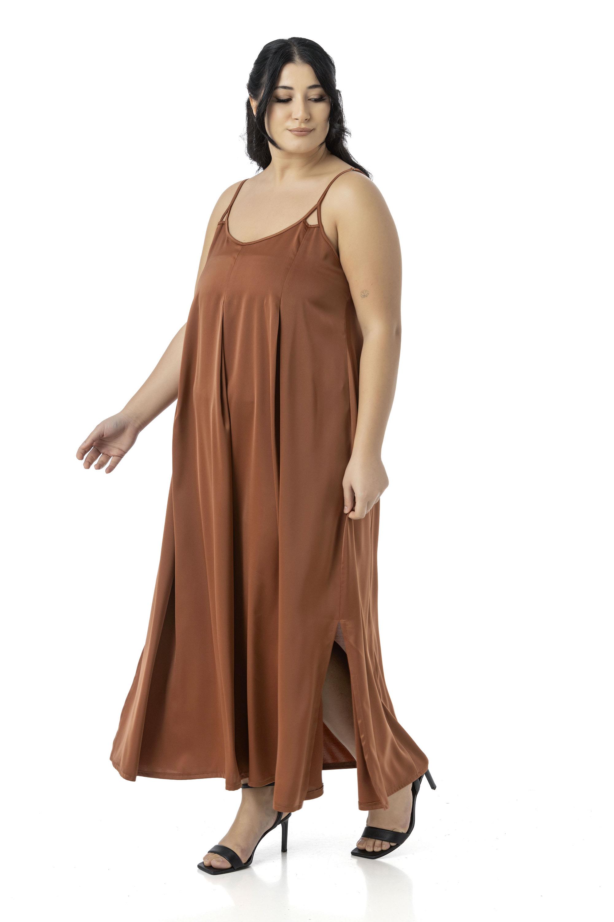 Plus Size Adjustable Thin Straps Deep Pleat Detailed Slit Satin Long Cinnamon Dress