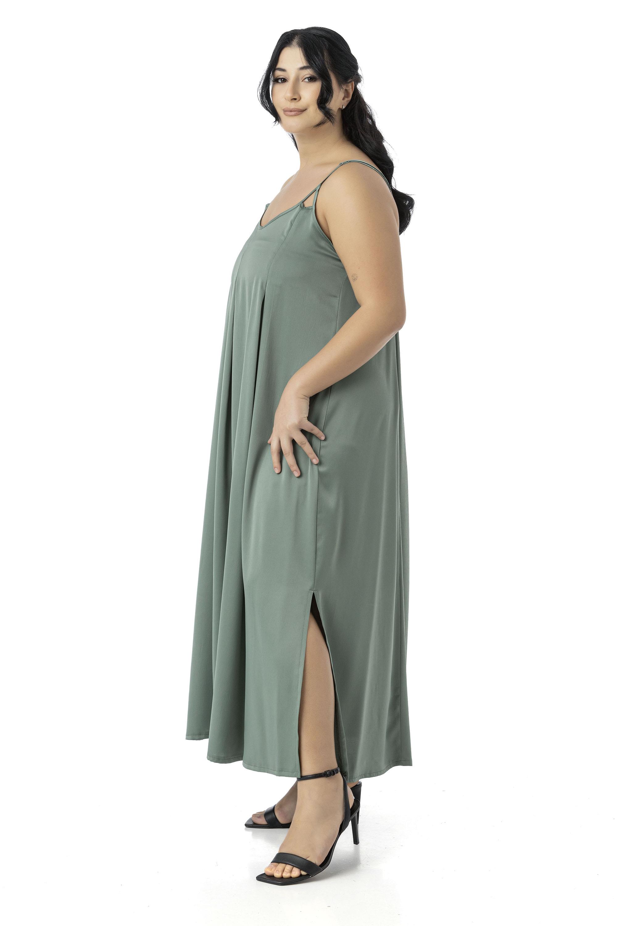 Plus Size Adjustable Thin Straps Deep Pleat Detailed Slit Satin Long Mint Dress