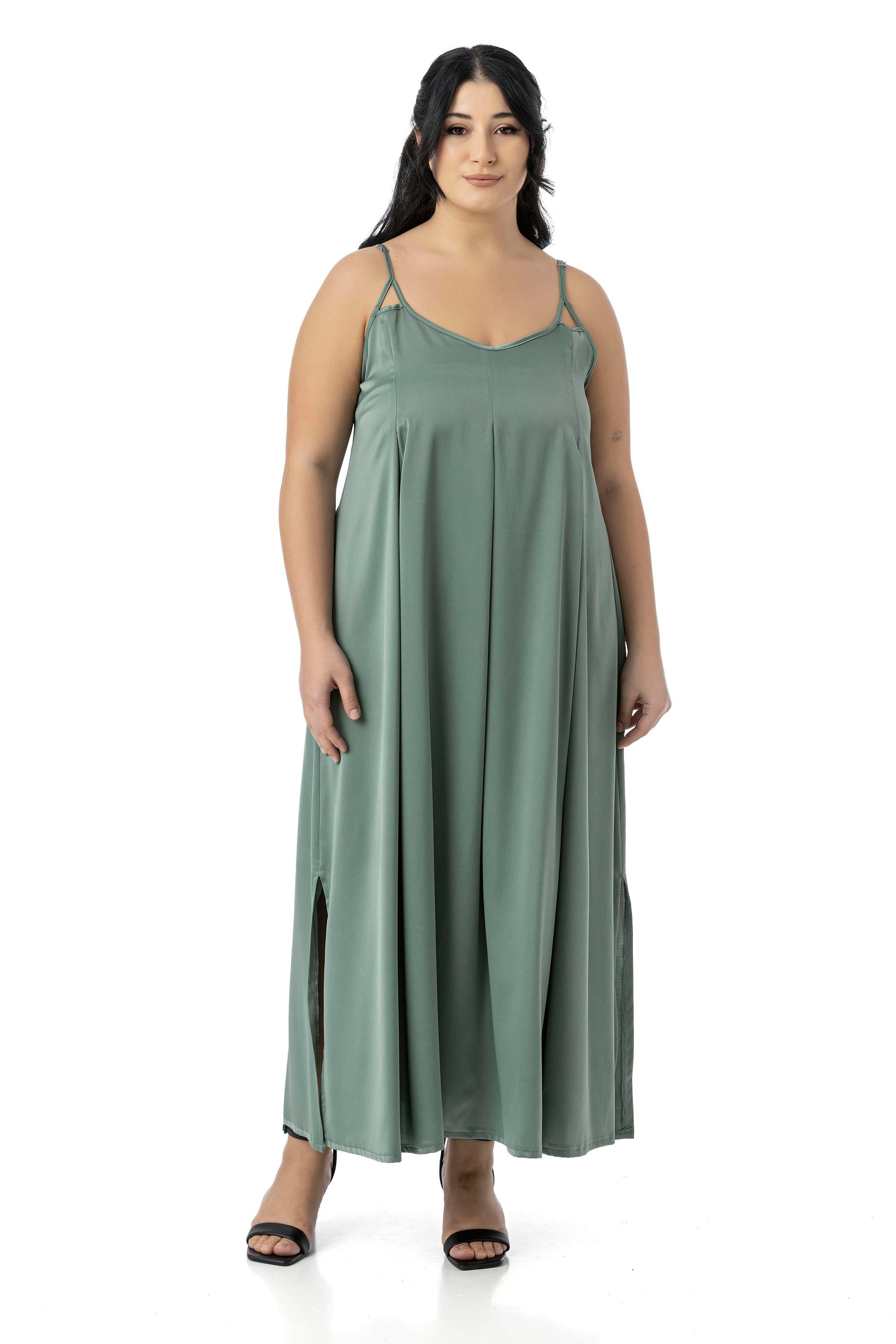 Plus Size Adjustable Thin Straps Deep Pleat Detailed Slit Satin Long Mint Dress