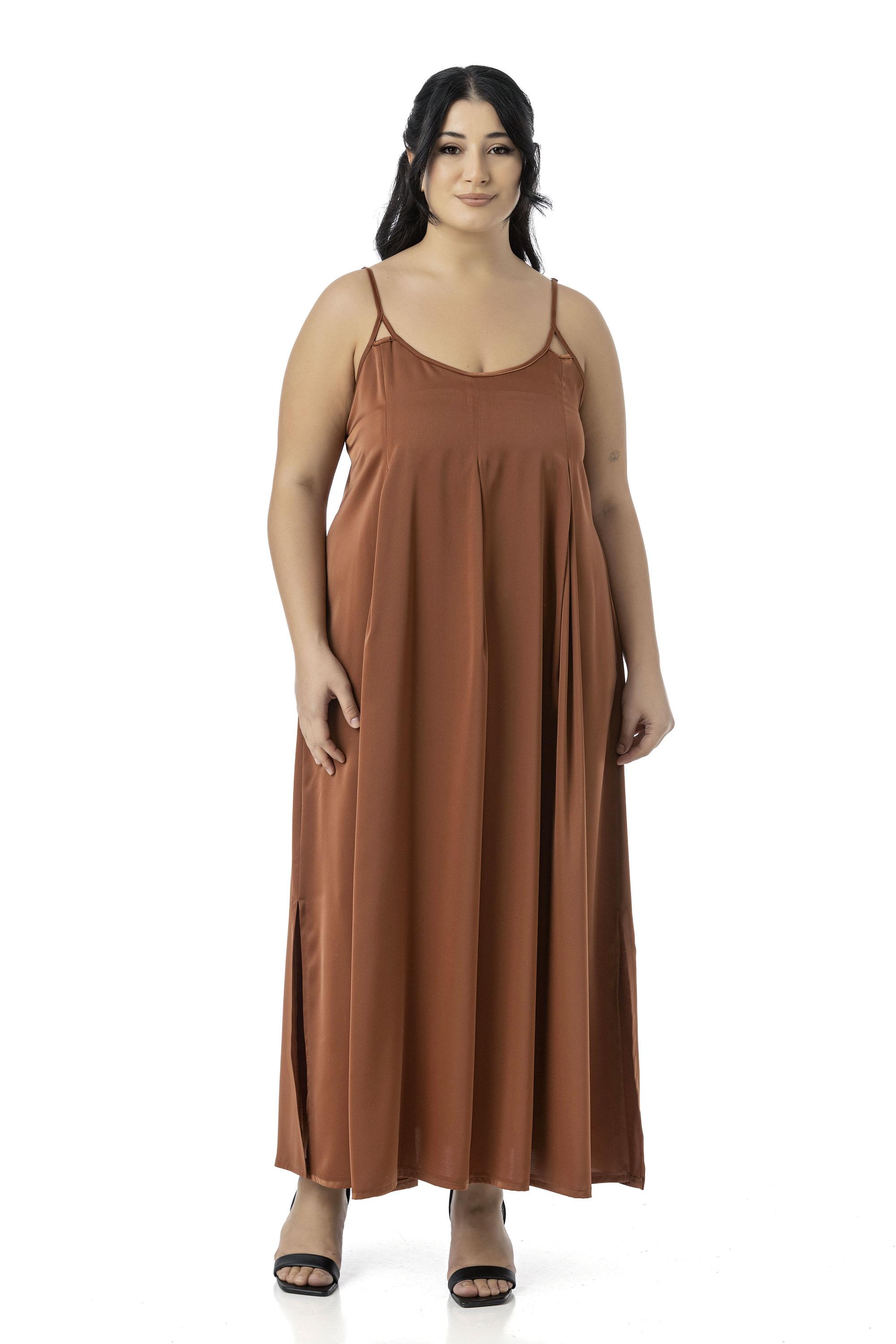 Plus Size Adjustable Thin Straps Deep Pleat Detailed Slit Satin Long Cinnamon Dress