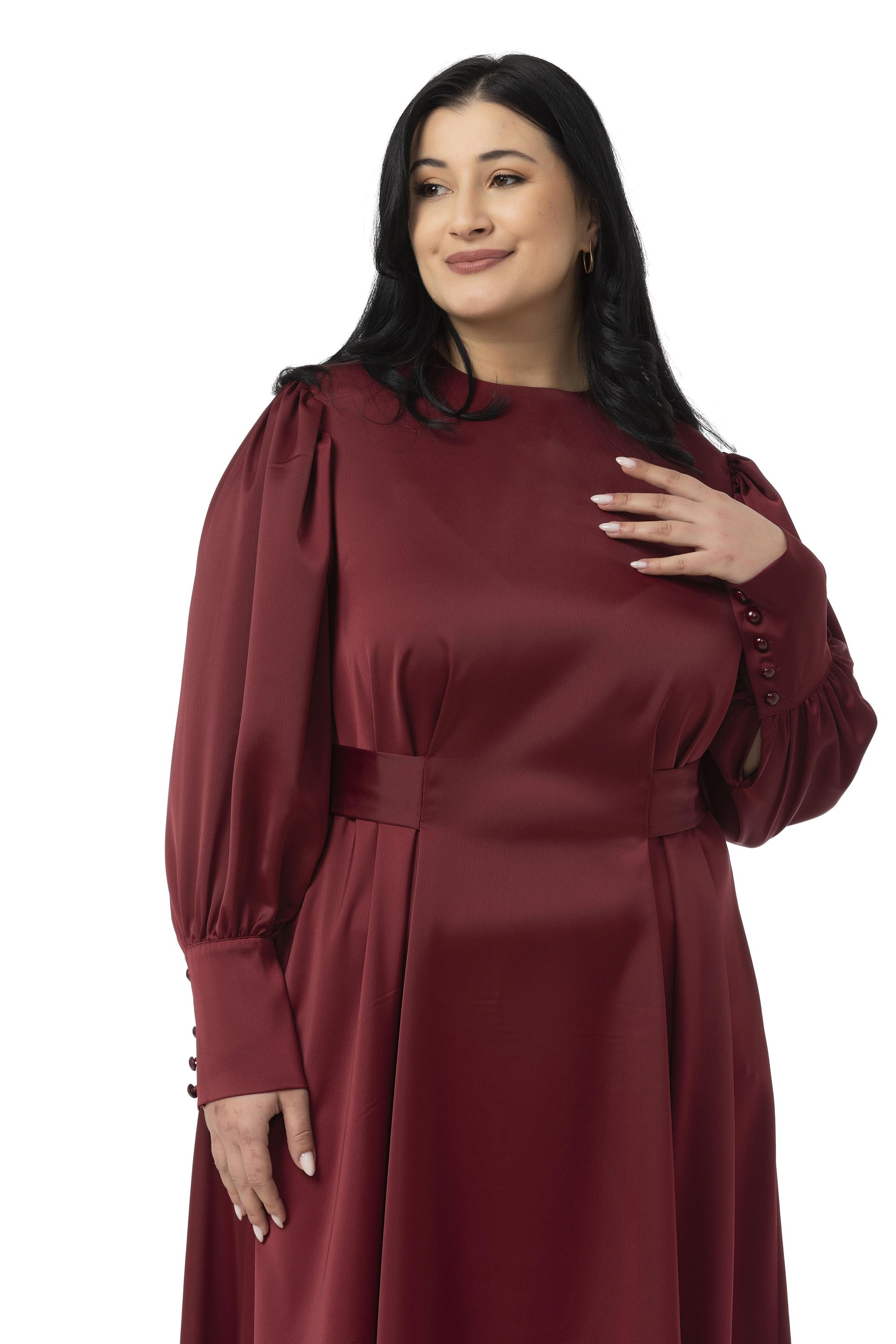 Büyük Beden Büzgülü Kollu Kuşak Detaylı Uzun Saten Bordo Elbise
