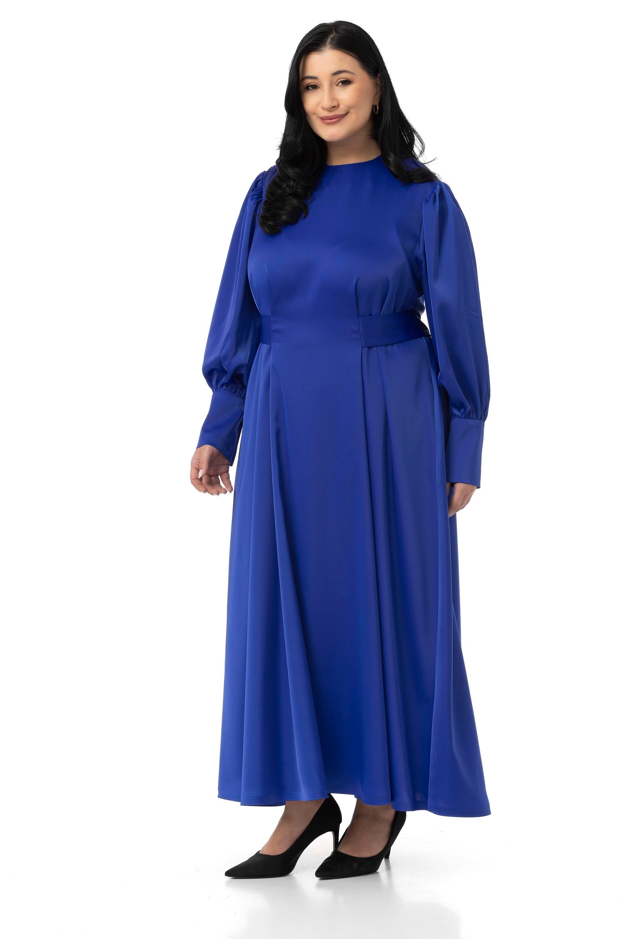 Büyük Beden Büzgülü Kollu Kuşak Detaylı Uzun Saten Saks Mavi Elbise