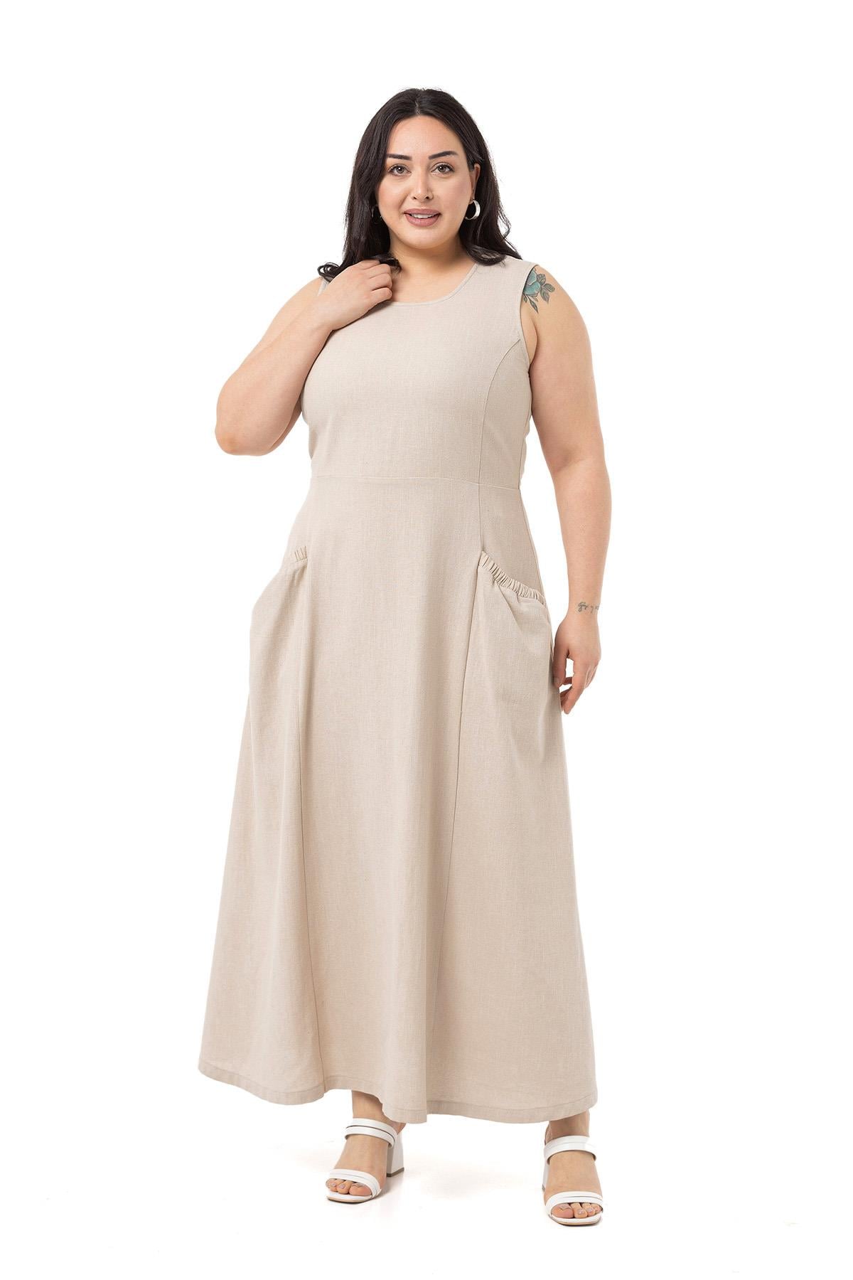 Plus Size Linen Long Beige Dress with Pocket and Elastic Gathering Detail on Back Waist