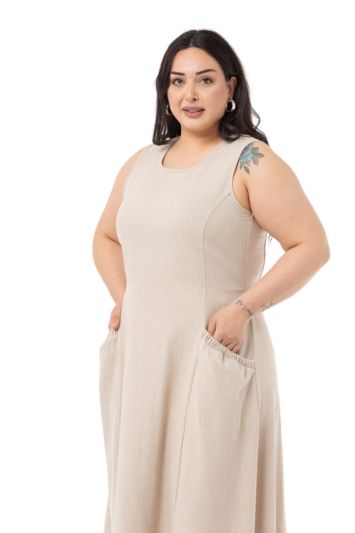Plus Size Linen Long Beige Dress with Pocket and Elastic Gathering Detail on Back Waist