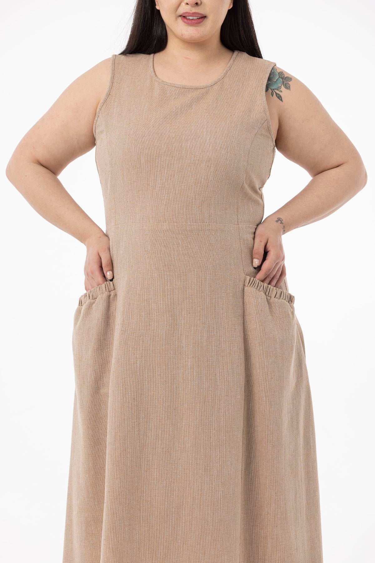 Plus Size Linen Long Mink Dress with Pockets and Elastic Gathering Detail on Back Waist