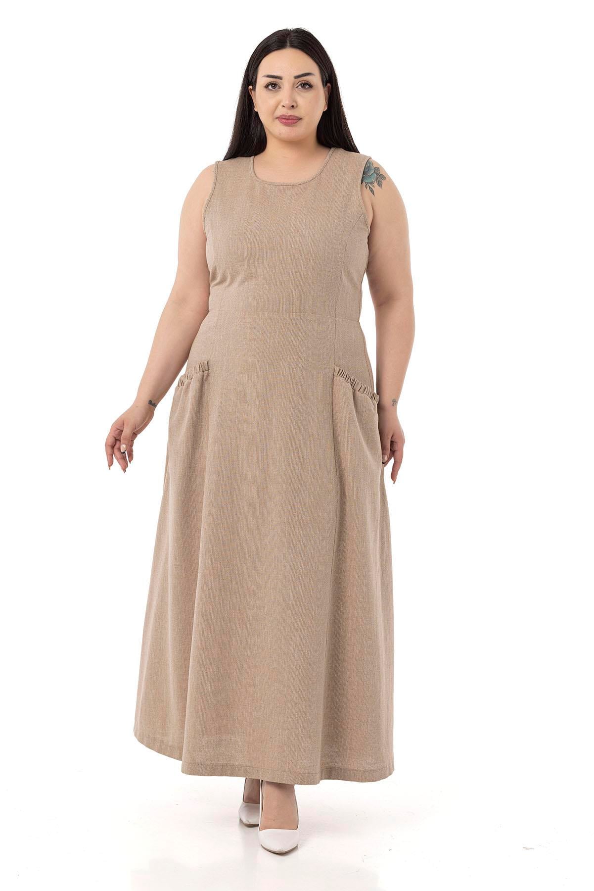 Plus Size Linen Long Mink Dress with Pockets and Elastic Gathering Detail on Back Waist