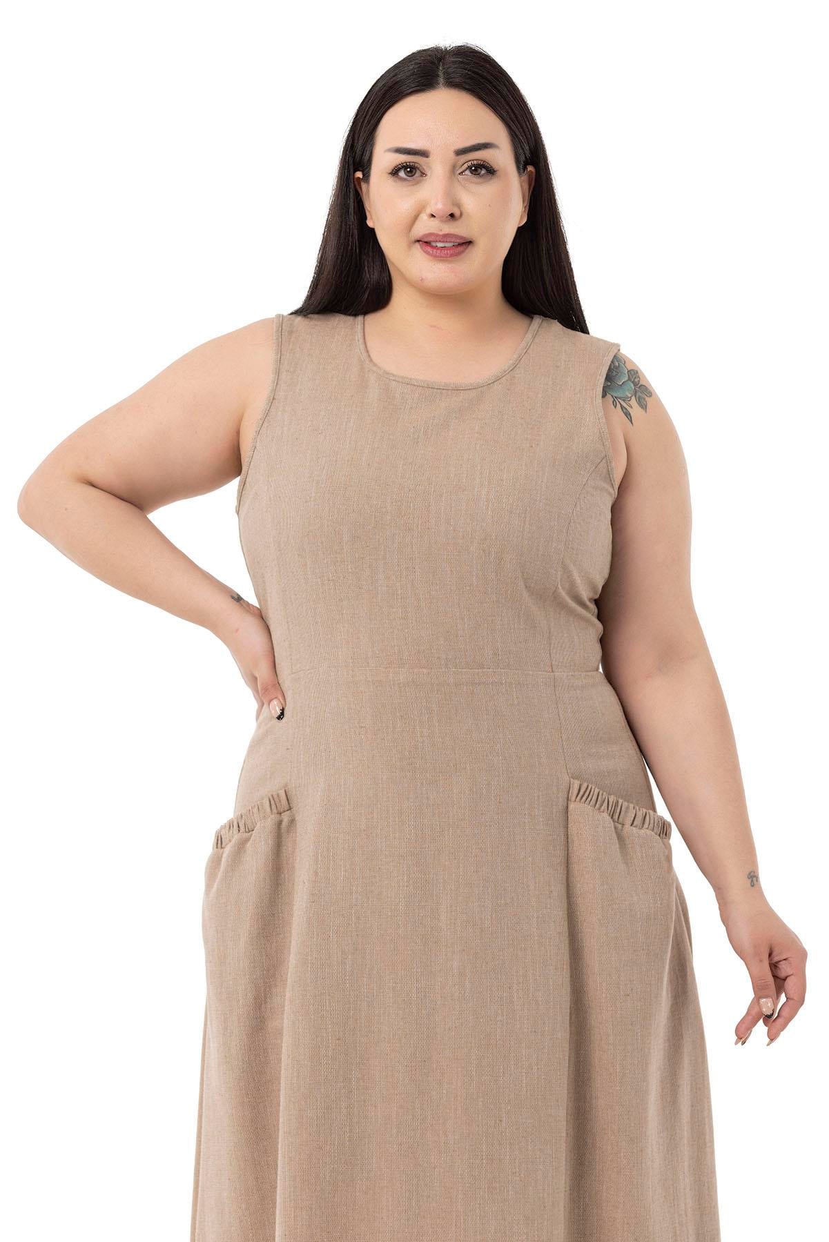 Plus Size Linen Long Mink Dress with Pockets and Elastic Gathering Detail on Back Waist