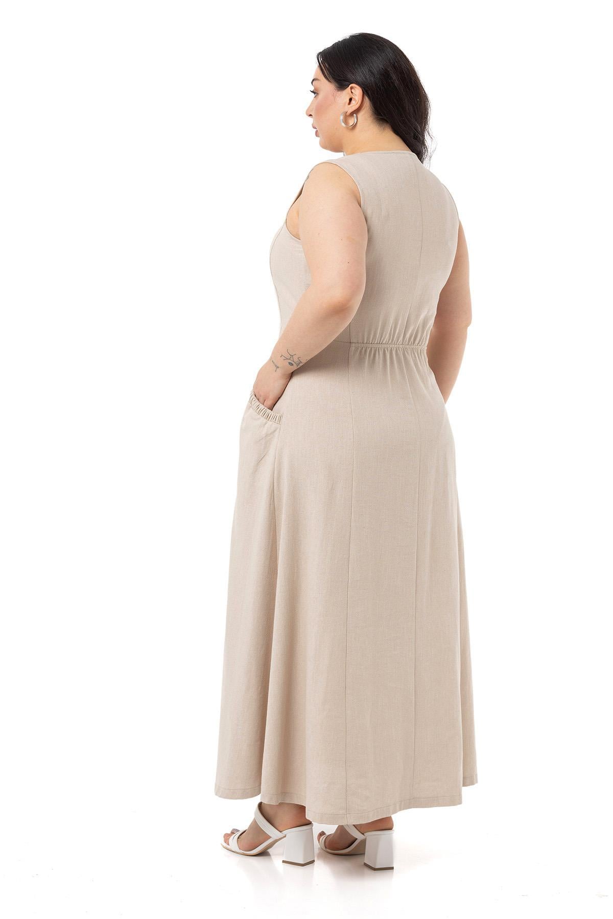 Plus Size Linen Long Beige Dress with Pocket and Elastic Gathering Detail on Back Waist
