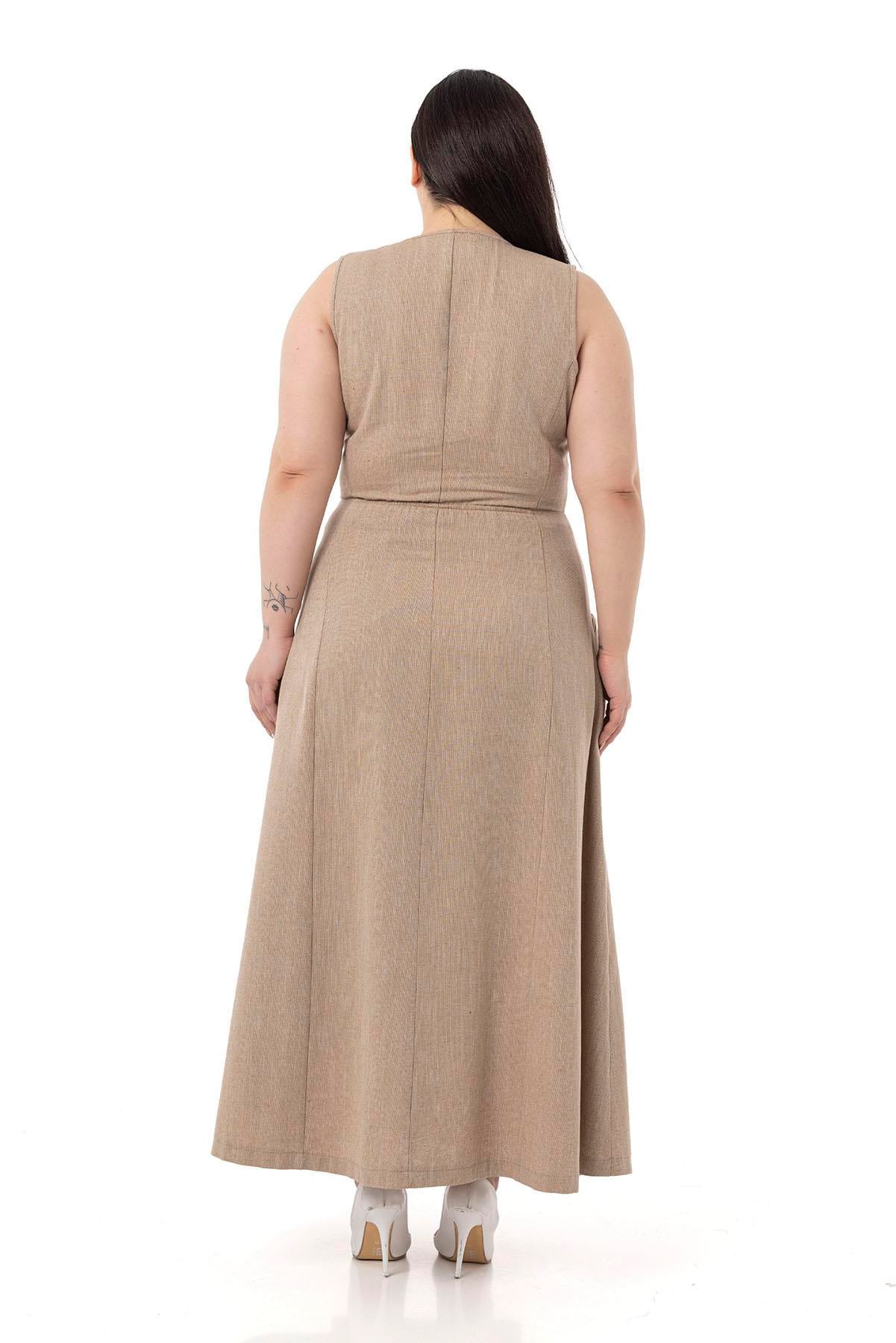 Plus Size Linen Long Mink Dress with Pockets and Elastic Gathering Detail on Back Waist