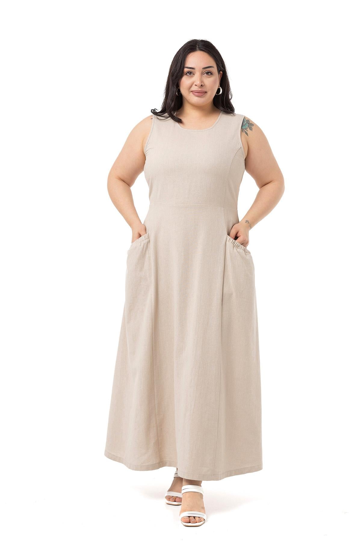 Plus Size Linen Long Beige Dress with Pocket and Elastic Gathering Detail on Back Waist