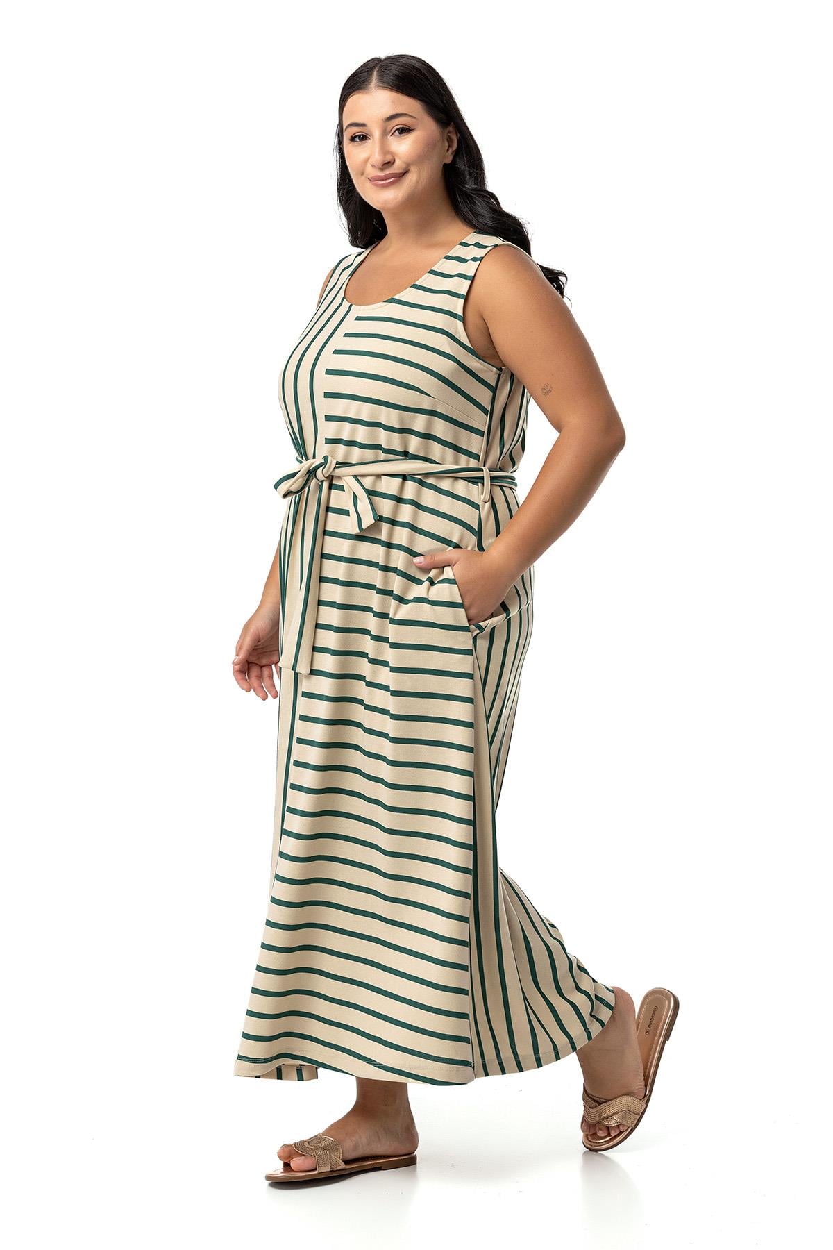 Plus Size Thick Strap Pocket Belted Asymmetrical Emerald Striped Dress