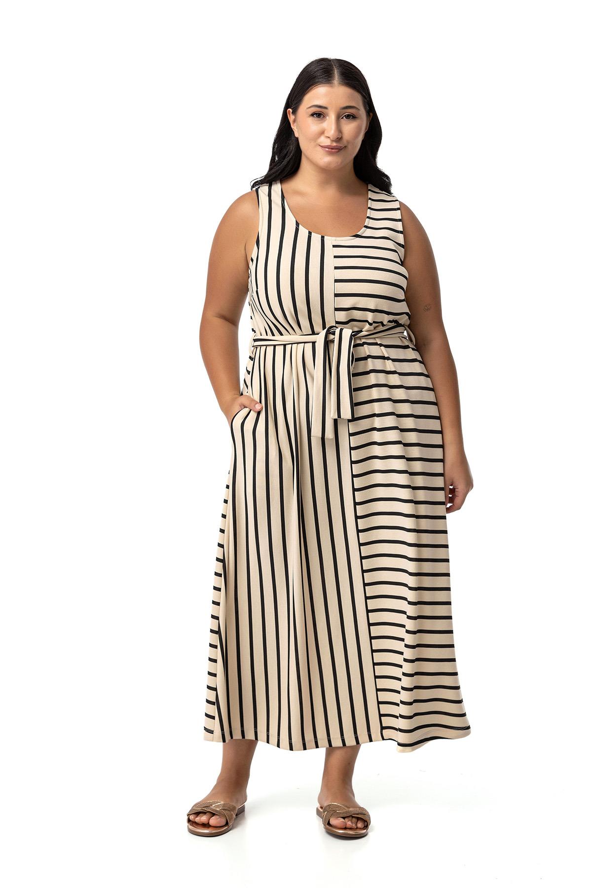 Plus Size Thick Strap Pocket Belted Asymmetrical Black Striped Dress