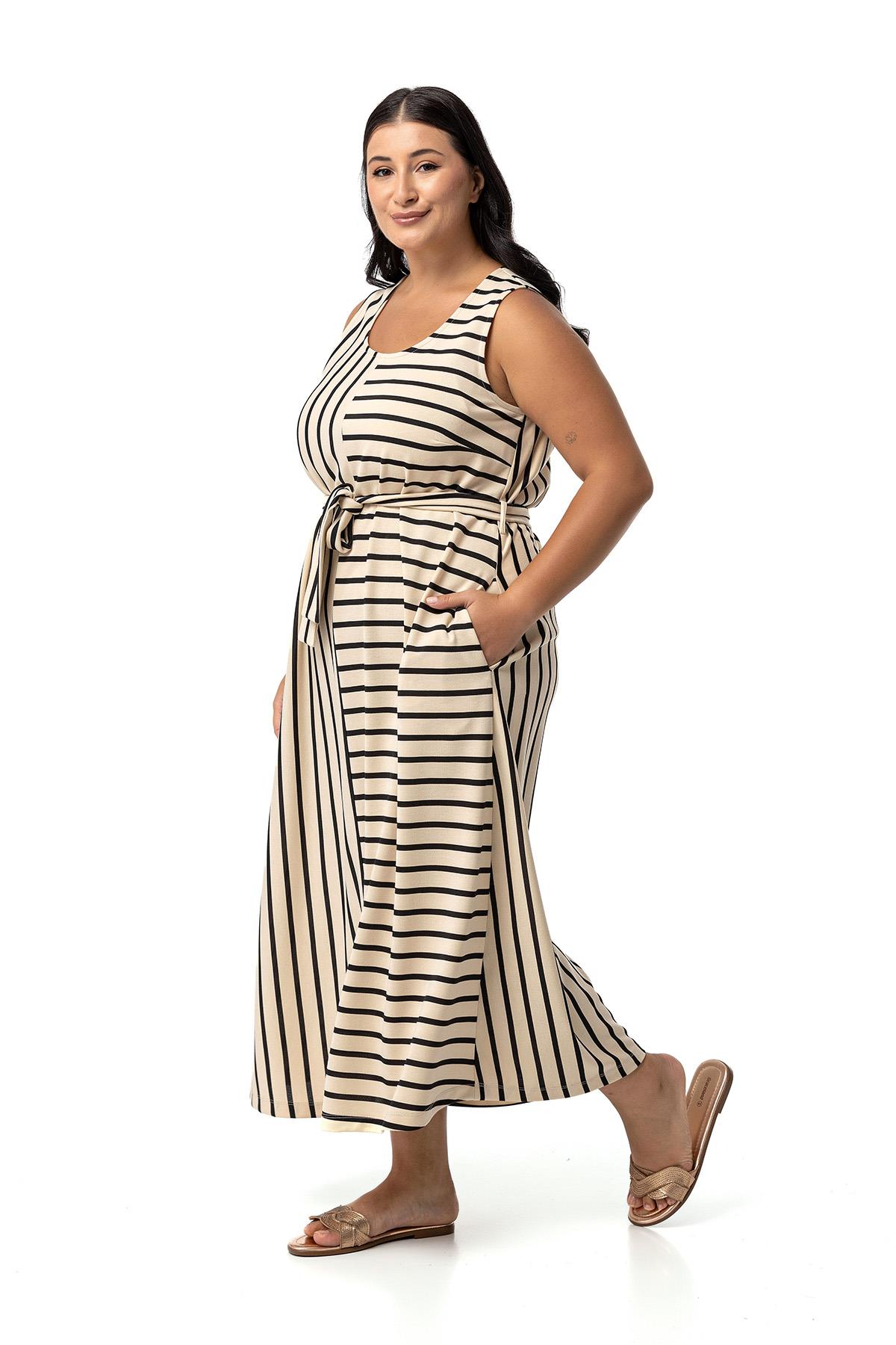 Plus Size Thick Strap Pocket Belted Asymmetrical Black Striped Dress