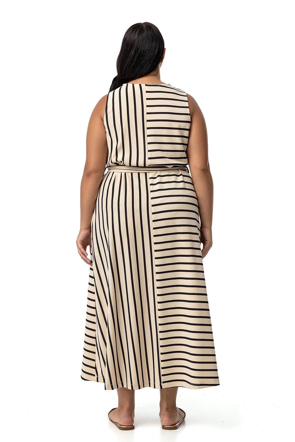 Plus Size Thick Strap Pocket Belted Asymmetrical Black Striped Dress