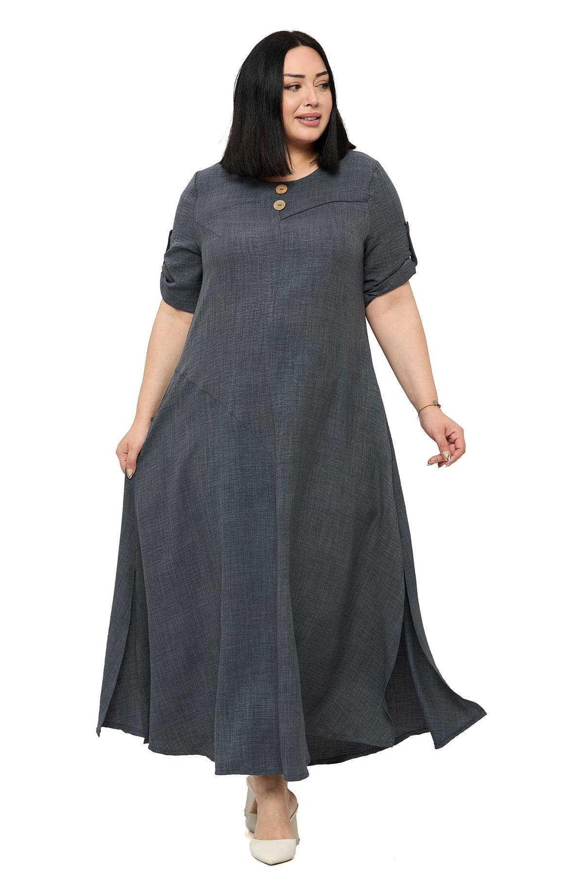 Büyük Beden Katlamalı Yarım Kollu Apoletli Yırtmaçlı Uzun Antrasit Elbise 