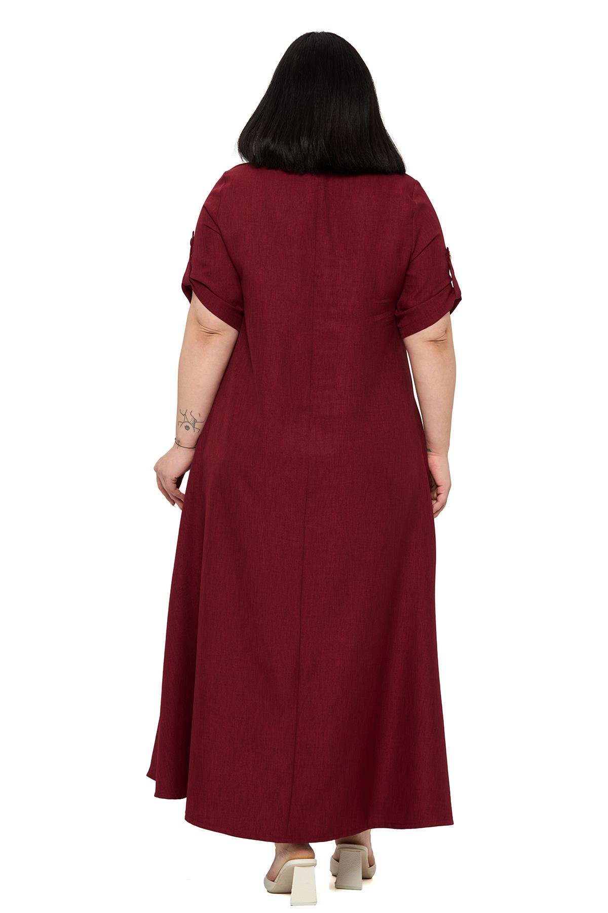 Büyük Beden Katlamalı Yarım Kollu Apoletli Yırtmaçlı Uzun Bordo Elbise 