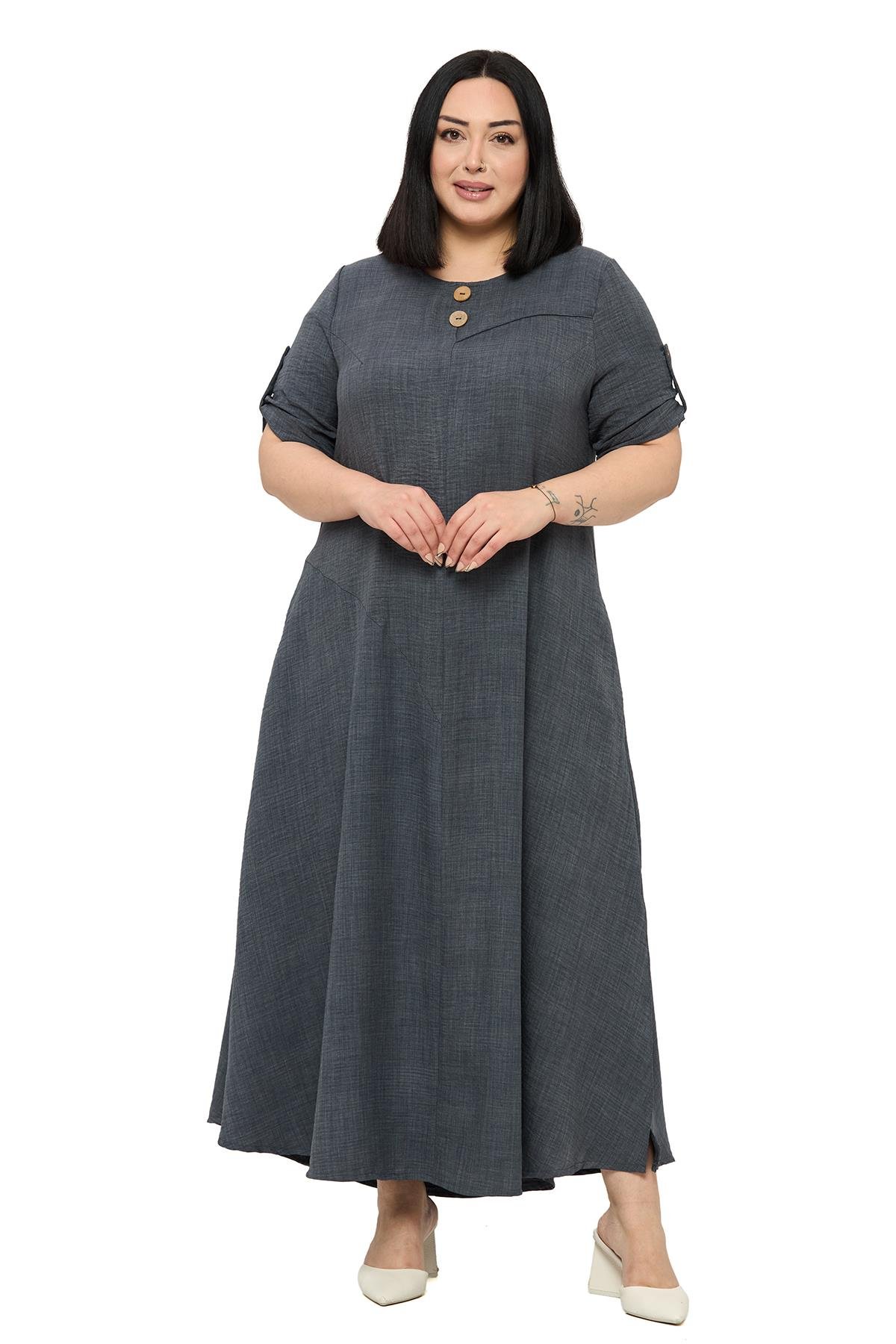 Büyük Beden Katlamalı Yarım Kollu Apoletli Yırtmaçlı Uzun Antrasit Elbise 