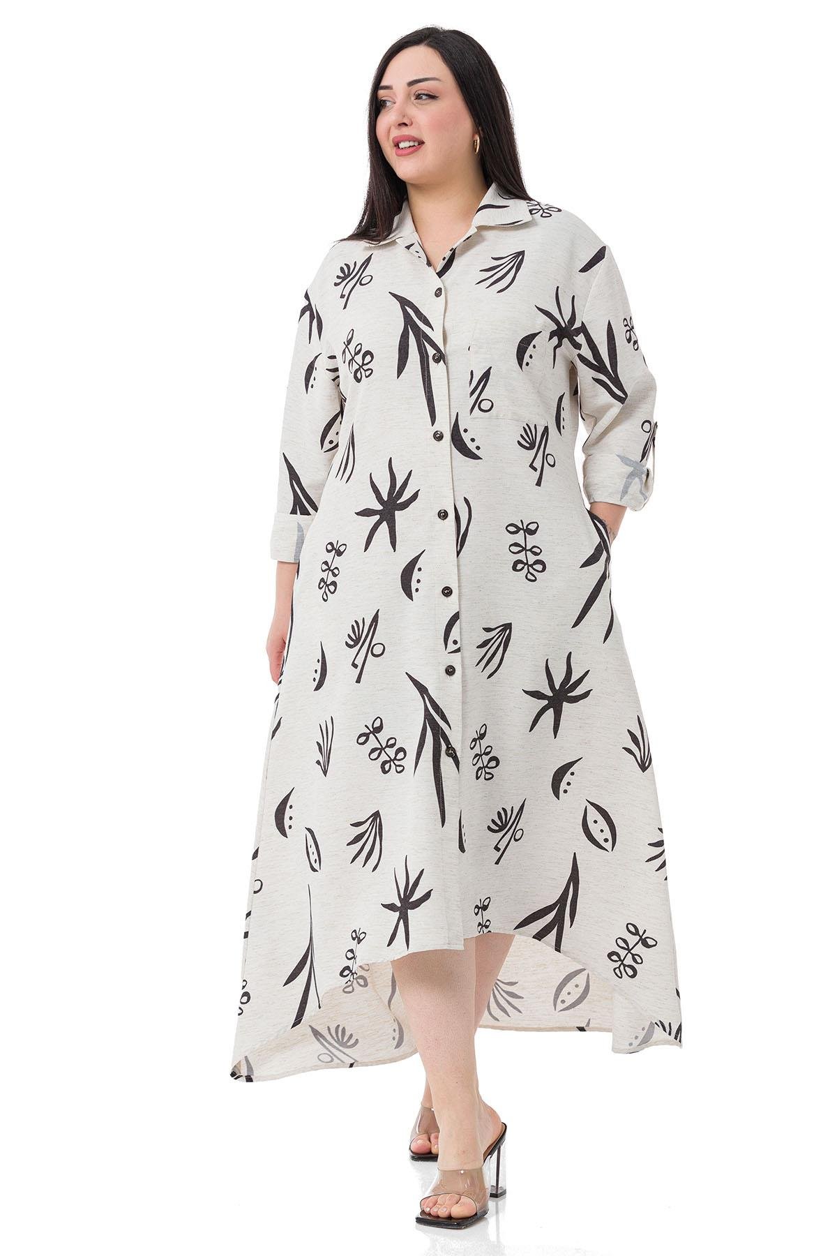 ÖNDEN DÜĞMELİ ASİMETRİK KESİM KETEN GÖRÜNÜMLÜ UZUN KOLLU YANLARI CEPLİ DESENLİ BEYAZ ELBİSE