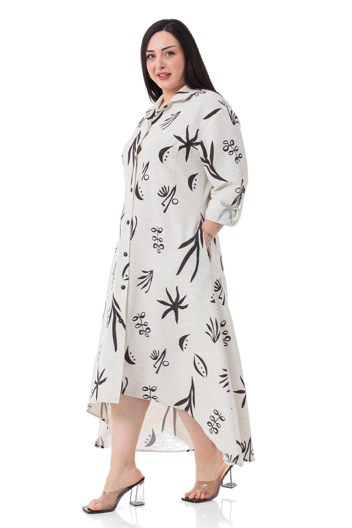 ÖNDEN DÜĞMELİ ASİMETRİK KESİM KETEN GÖRÜNÜMLÜ UZUN KOLLU YANLARI CEPLİ DESENLİ BEYAZ ELBİSE