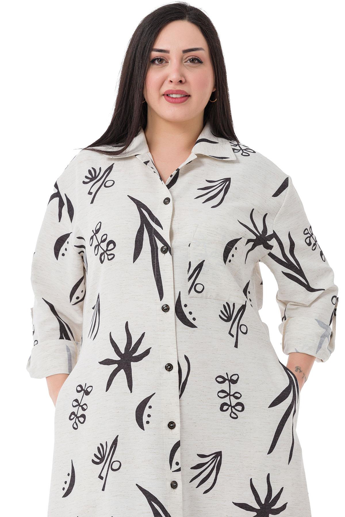 ÖNDEN DÜĞMELİ ASİMETRİK KESİM KETEN GÖRÜNÜMLÜ UZUN KOLLU YANLARI CEPLİ DESENLİ BEYAZ ELBİSE