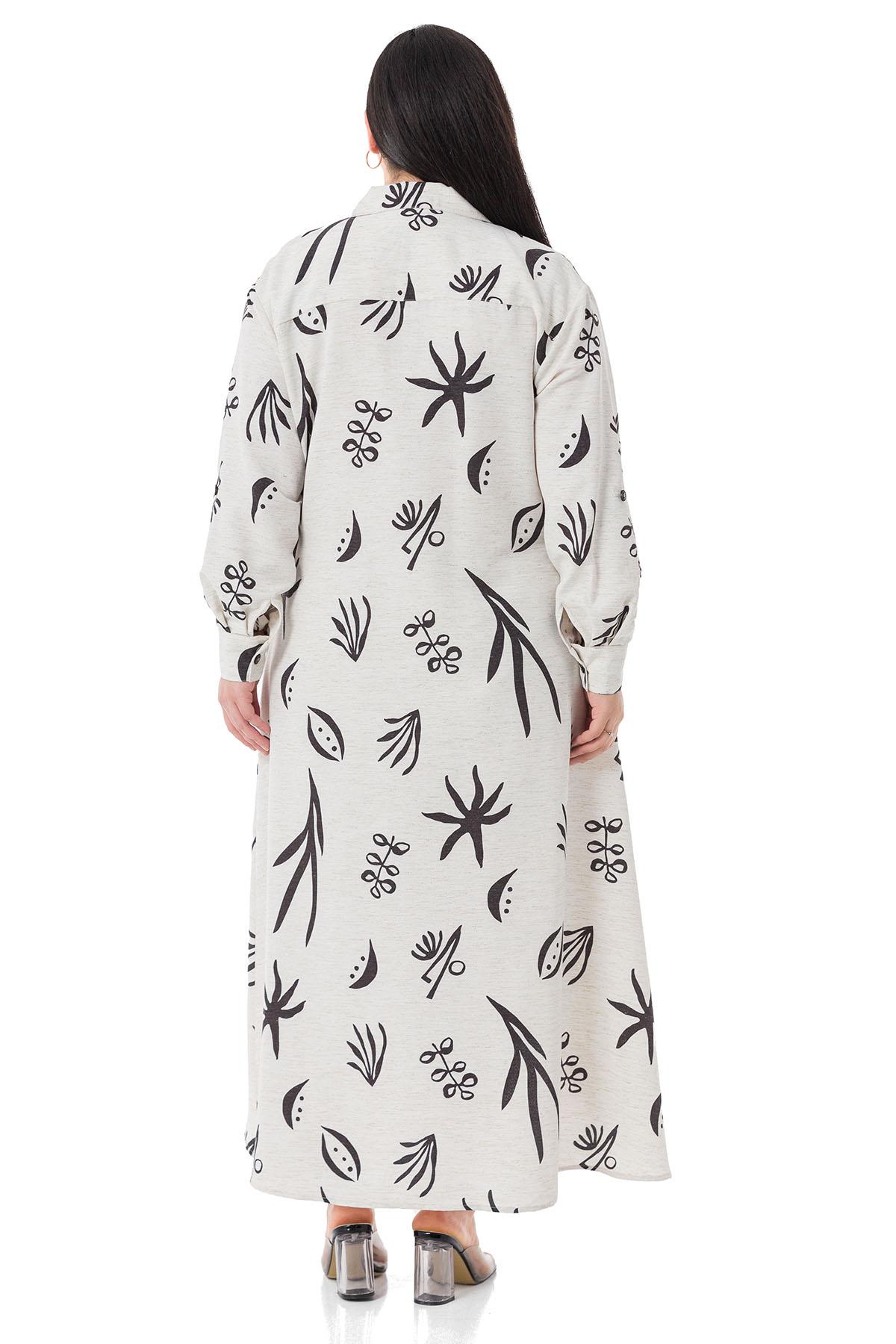 ÖNDEN DÜĞMELİ ASİMETRİK KESİM KETEN GÖRÜNÜMLÜ UZUN KOLLU YANLARI CEPLİ DESENLİ BEYAZ ELBİSE