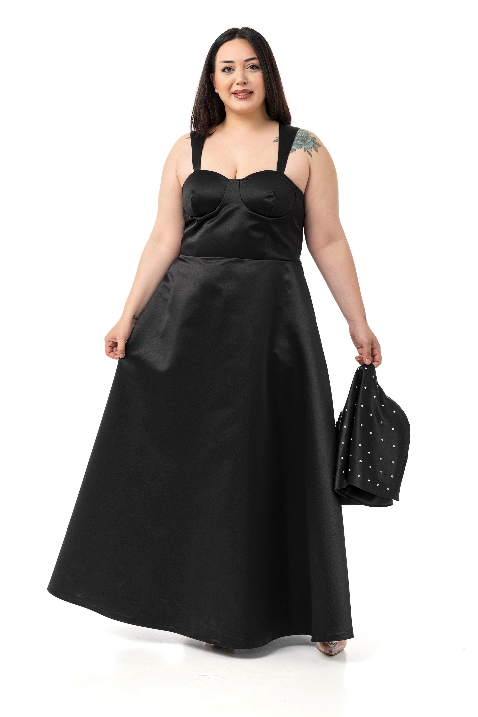 Büyük Beden Sırt Dekolteli Kısa Pelerinli Abiye Siyah Elbise