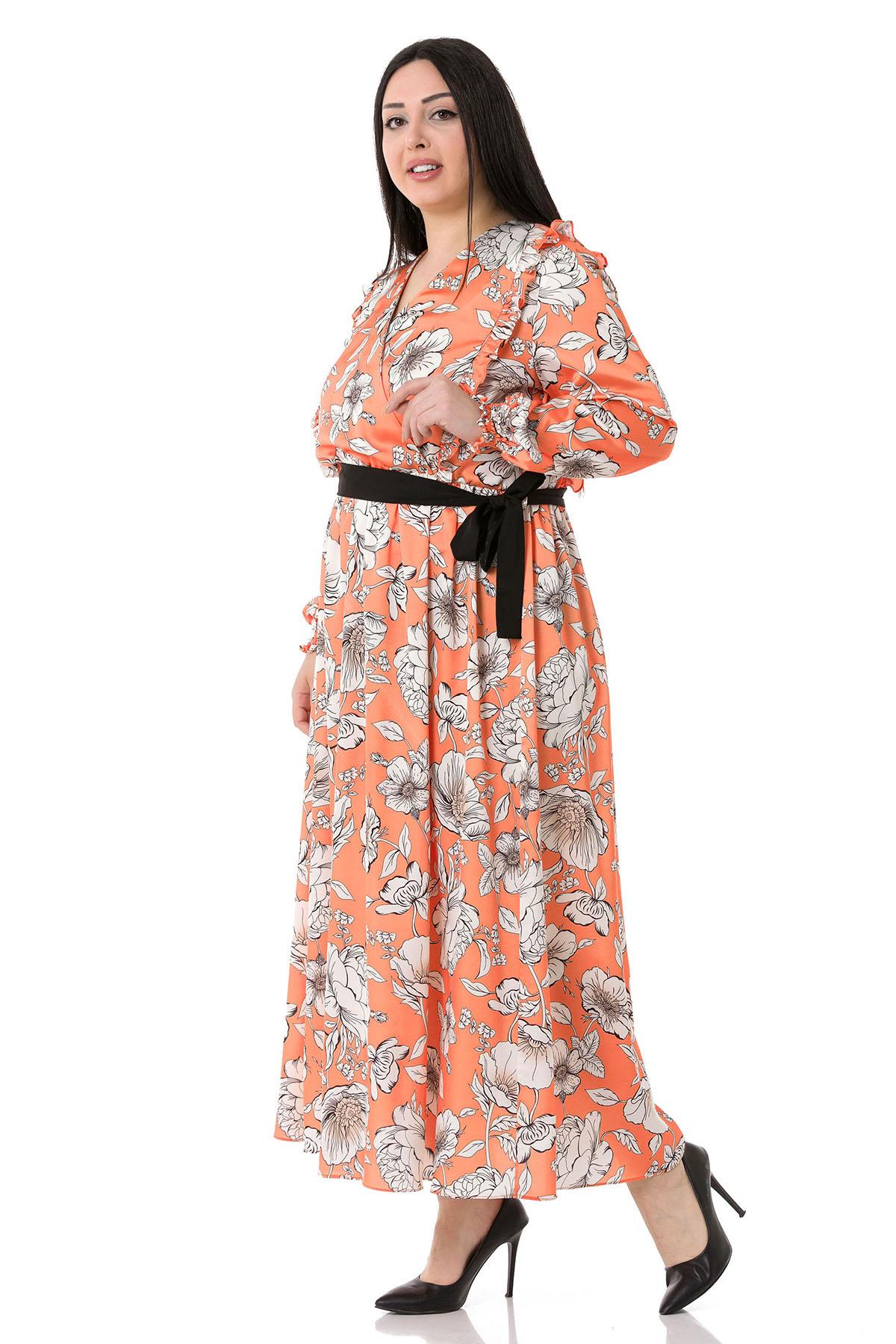 Büyük Beden V Yakalı Beli Büzgülü Kuşaklı Kolları Gipeli Turuncu Kloş Elbise 