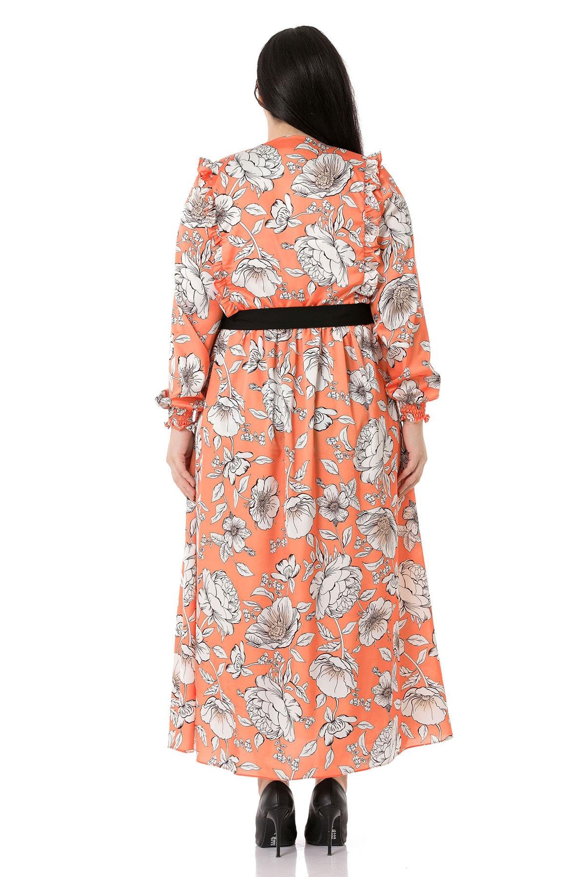 Büyük Beden V Yakalı Beli Büzgülü Kuşaklı Kolları Gipeli Turuncu Kloş Elbise 