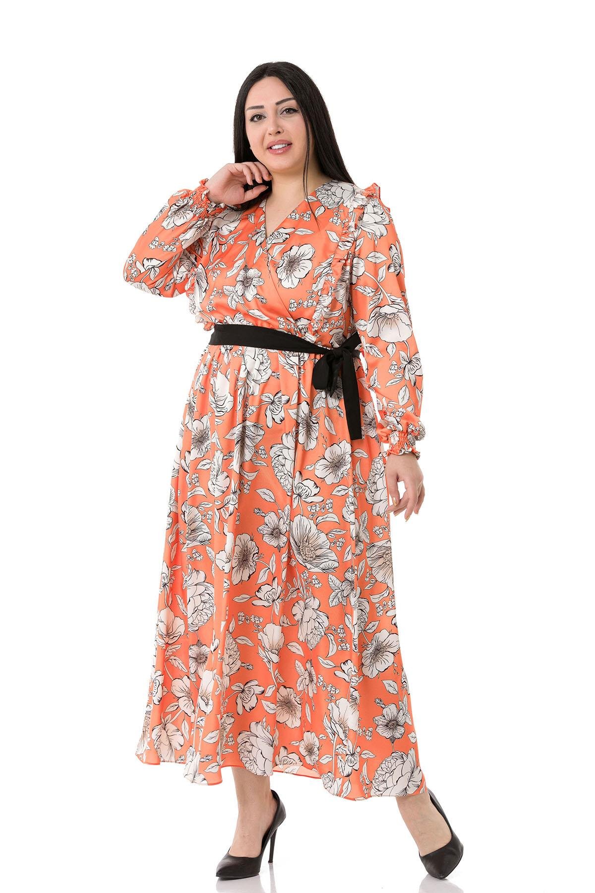 Büyük Beden V Yakalı Beli Büzgülü Kuşaklı Kolları Gipeli Turuncu Kloş Elbise 