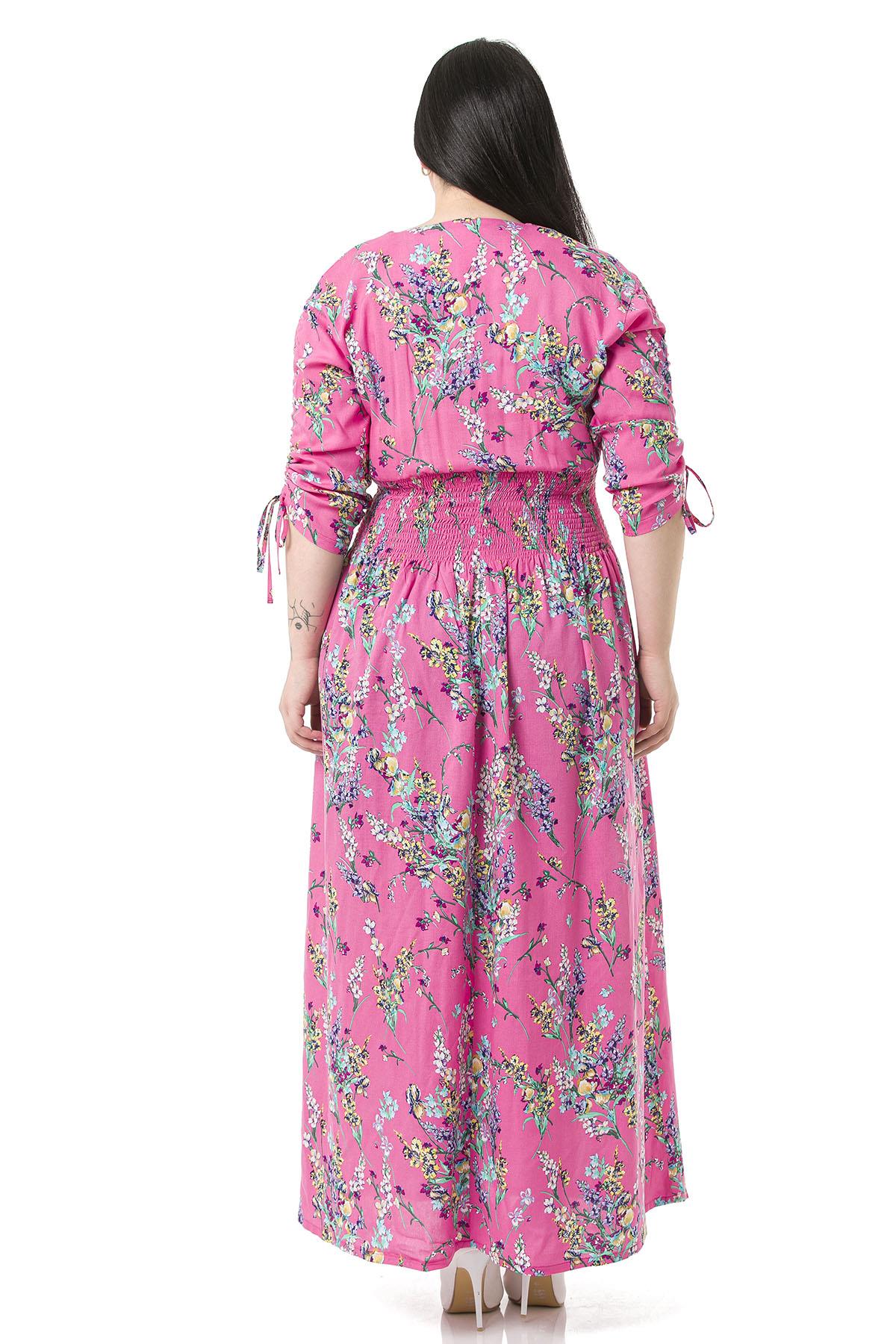 Büyük Beden V Yakalı Kolları Bağcık Detaylı Beli Gipeli Pembe Elbise